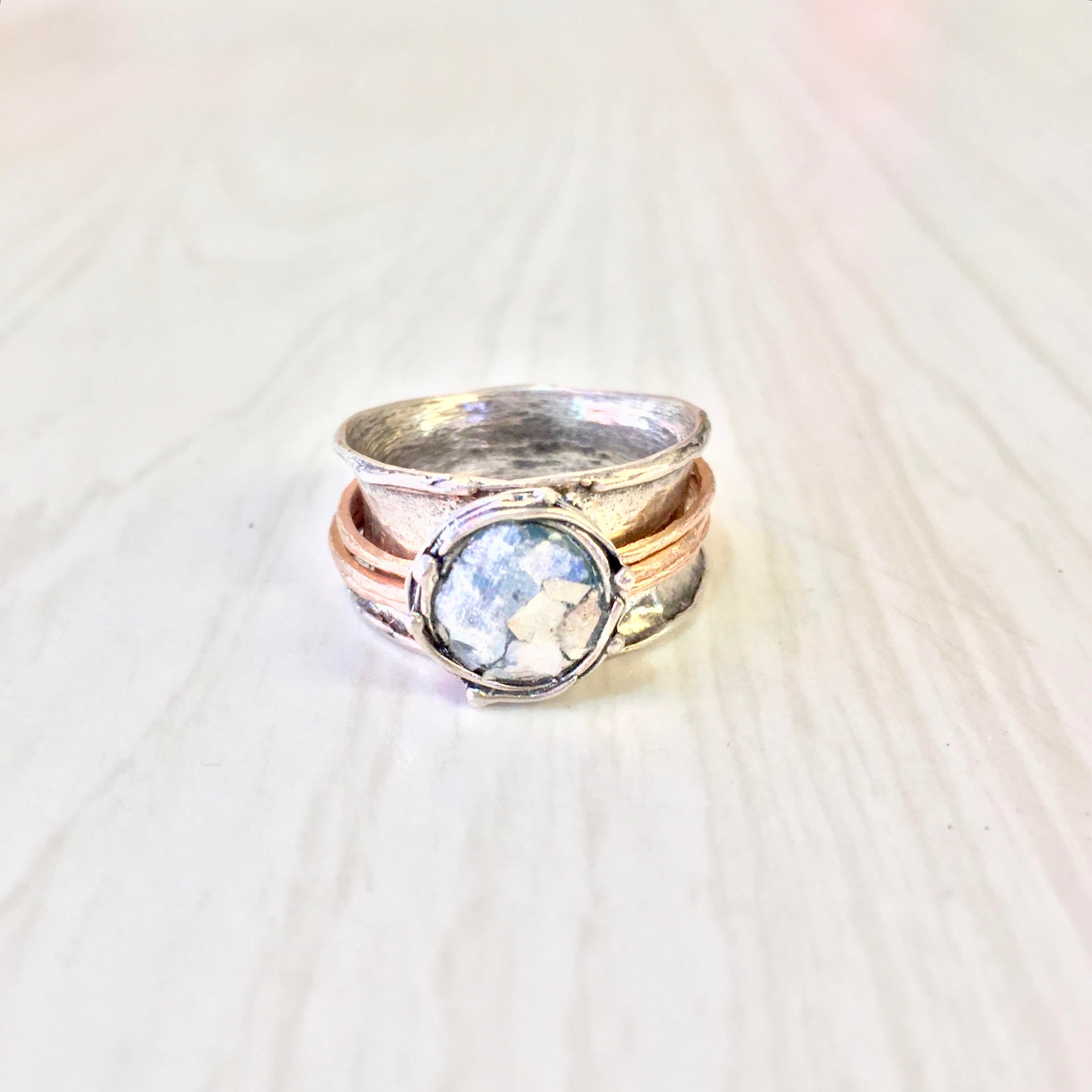 Vintage Sterling Silver Spinner Ring | Meditation Ring | Copper Detail | Hammered Sterling Silver Ring | Natural Stone Jewelry |Spinner Ring