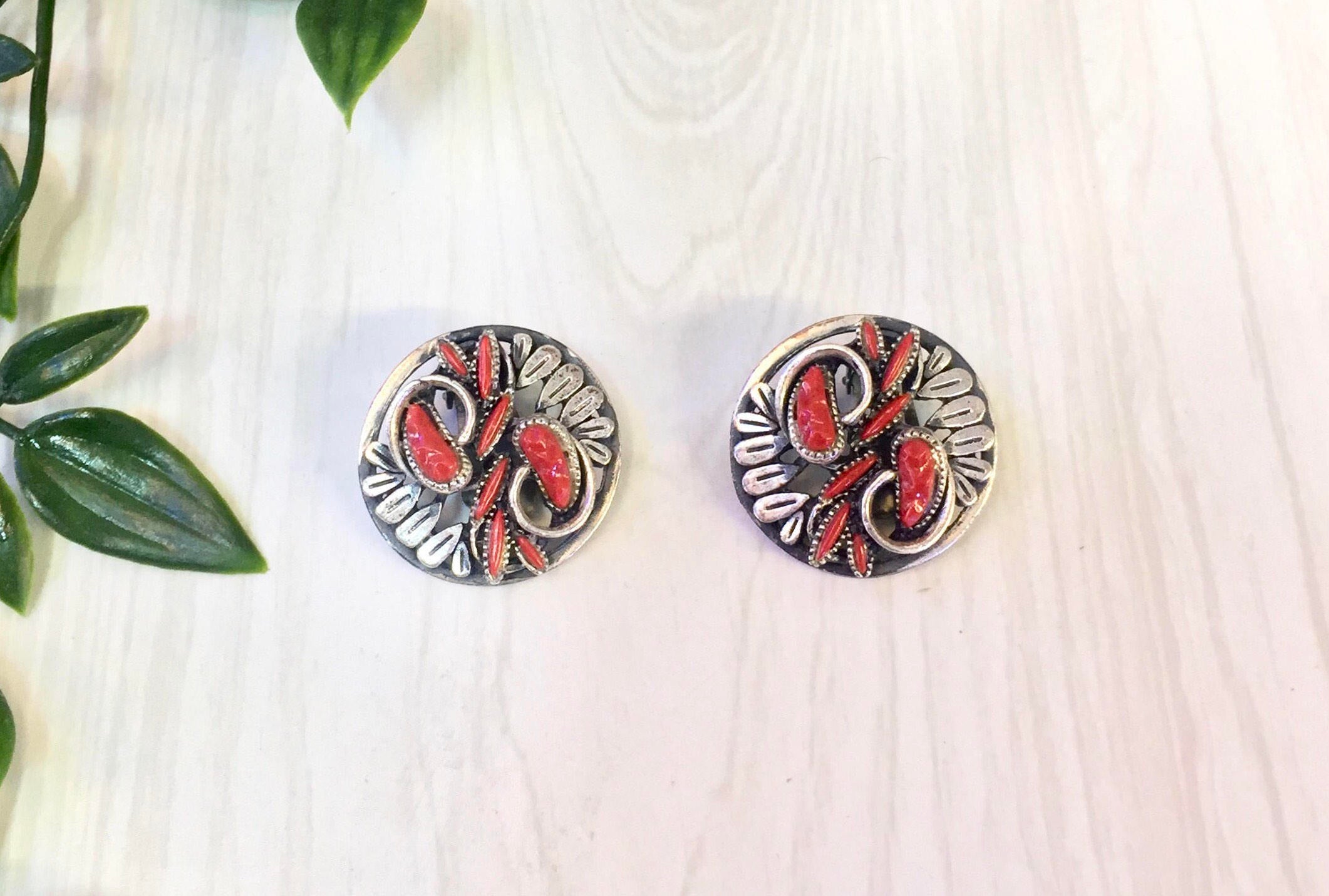 Vintage 1970's Clip On Earrings | Metal Earrings | Clip On Earrings | Vintage Fashion | Red Stones | Holiday Gift Idea | Statement Jewelry