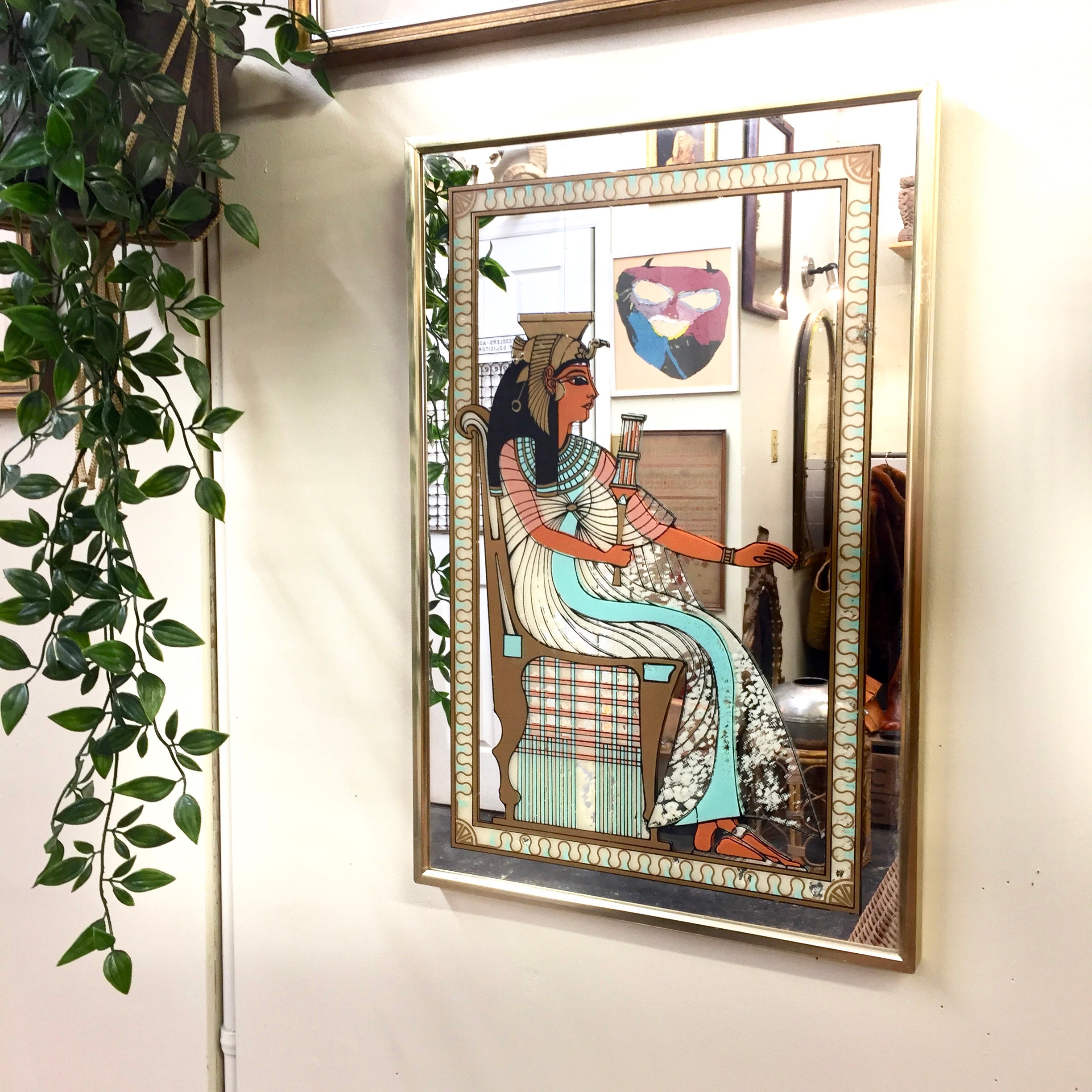 Vintage Mirror with Egyptian Decal | Egyptian Style Mirror | Egyptian Goddess Mirror | Egyptian Home Decor | Vintage Wall Decor | Gift Idea