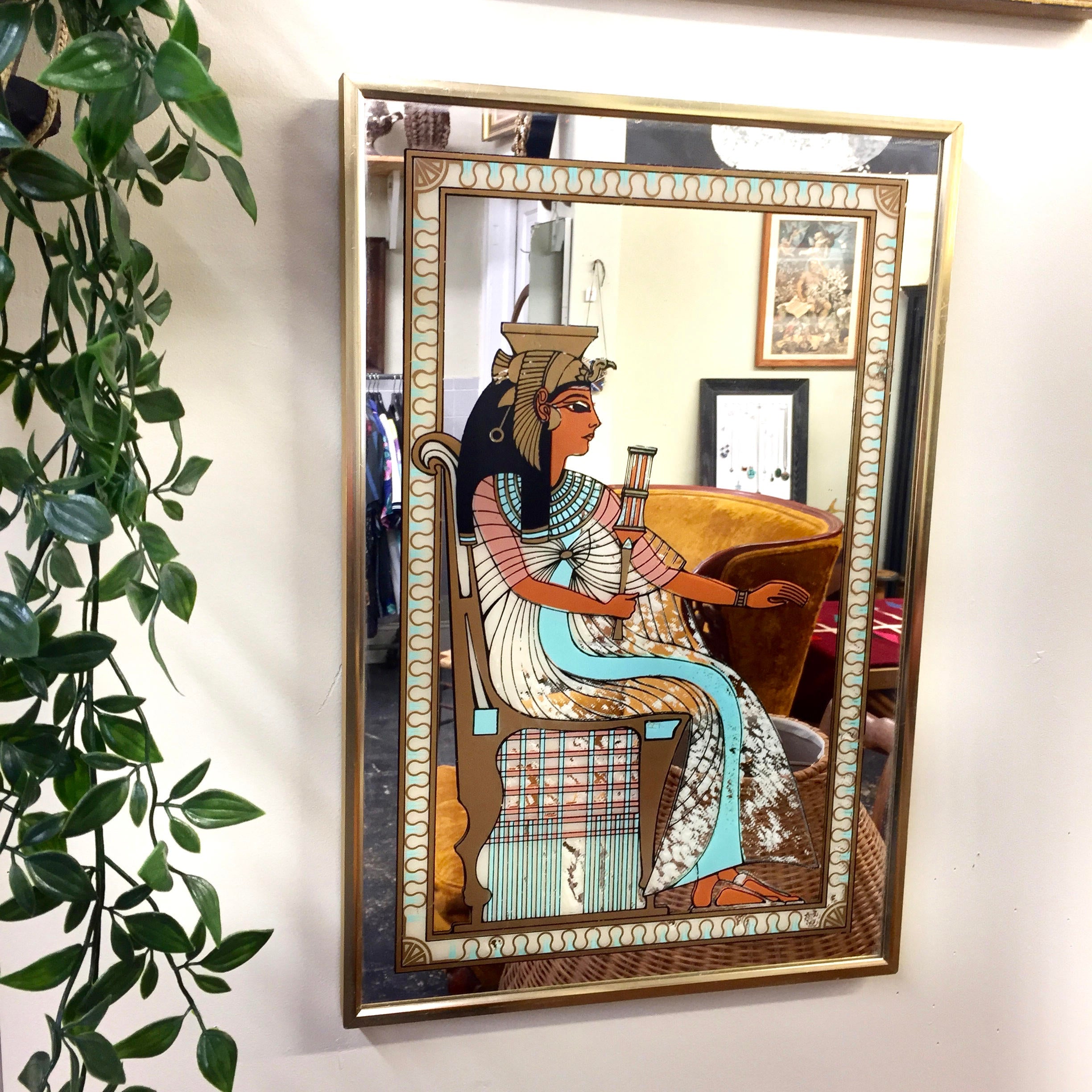 Vintage Mirror with Egyptian Decal | Egyptian Style Mirror | Egyptian Goddess Mirror | Egyptian Home Decor | Vintage Wall Decor | Gift Idea