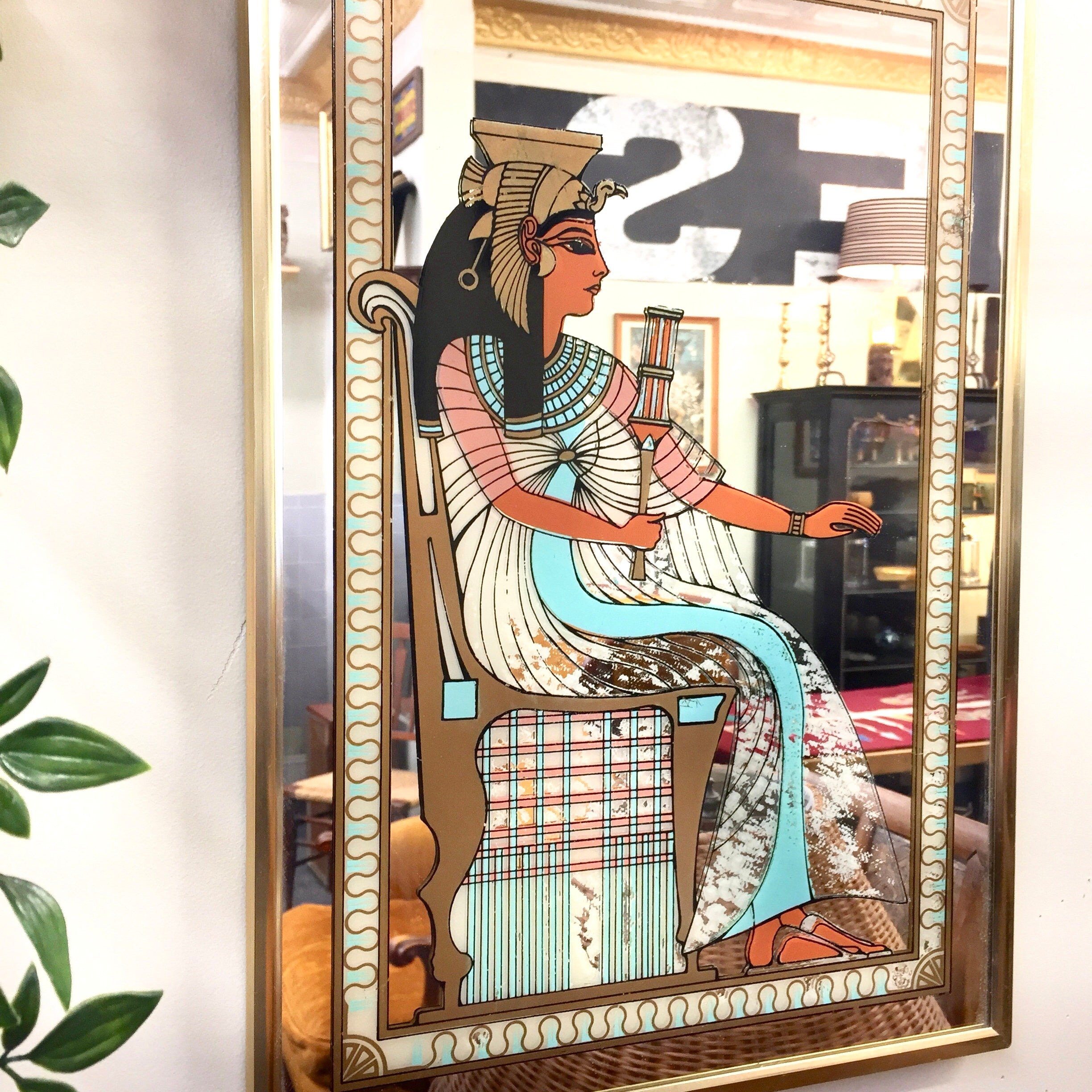 Vintage Mirror with Egyptian Decal | Egyptian Style Mirror | Egyptian Goddess Mirror | Egyptian Home Decor | Vintage Wall Decor | Gift Idea