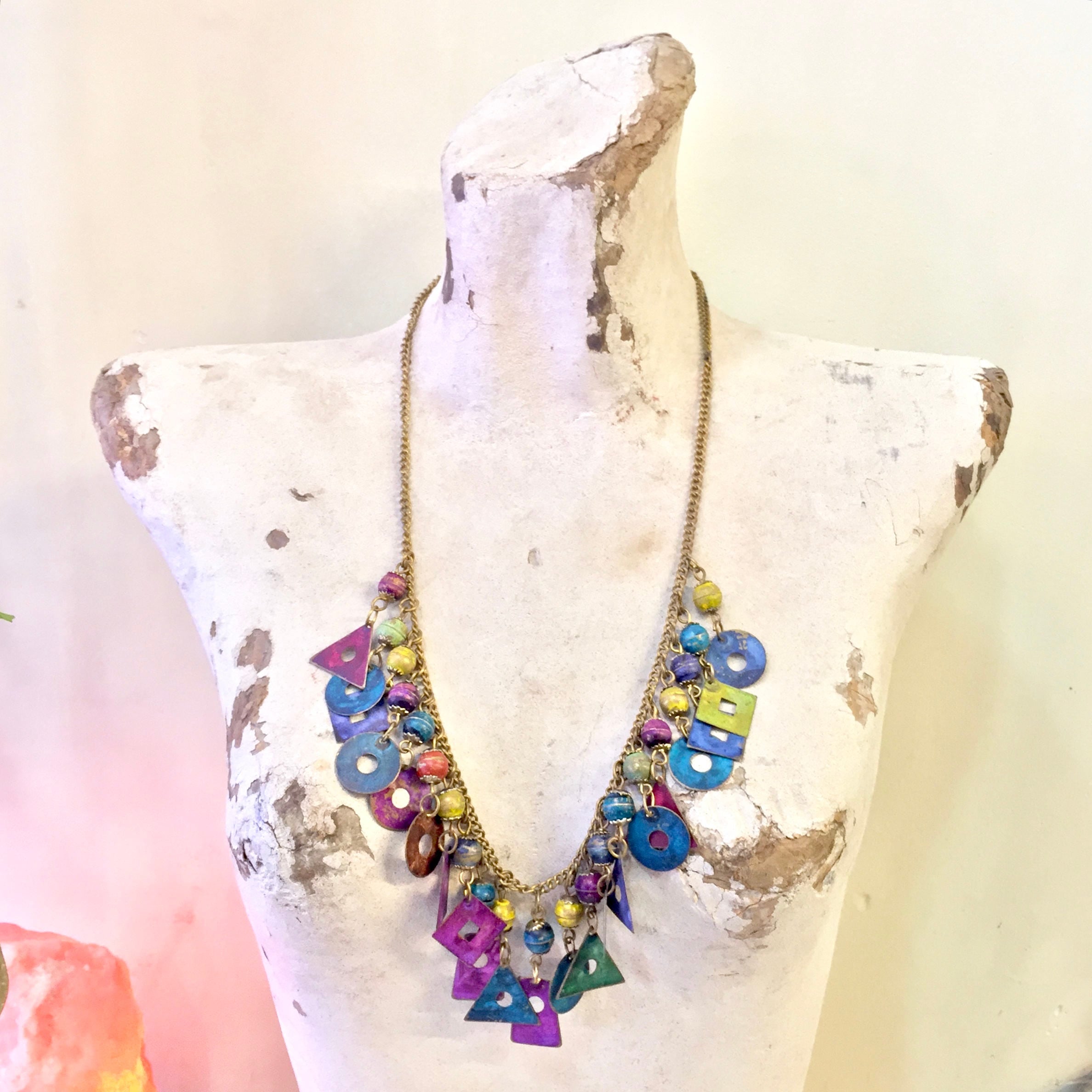 Vintage Charm Necklace | Vintage Costume Jewelry | Beaded Necklace | Metal Beads | Colorful Necklace | Dangle Necklace | Holiday Gift Idea