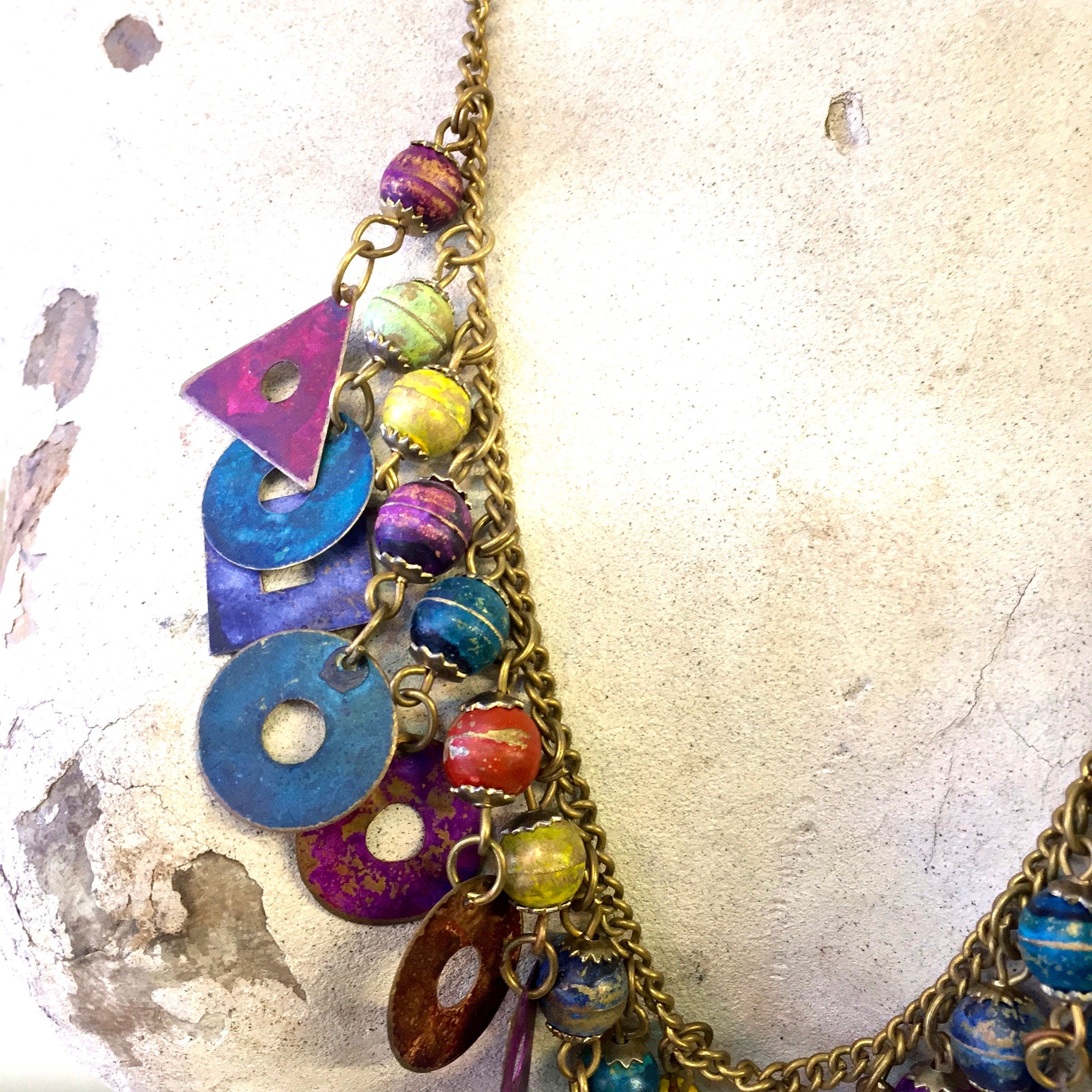 Vintage Charm Necklace | Vintage Costume Jewelry | Beaded Necklace | Metal Beads | Colorful Necklace | Dangle Necklace | Holiday Gift Idea