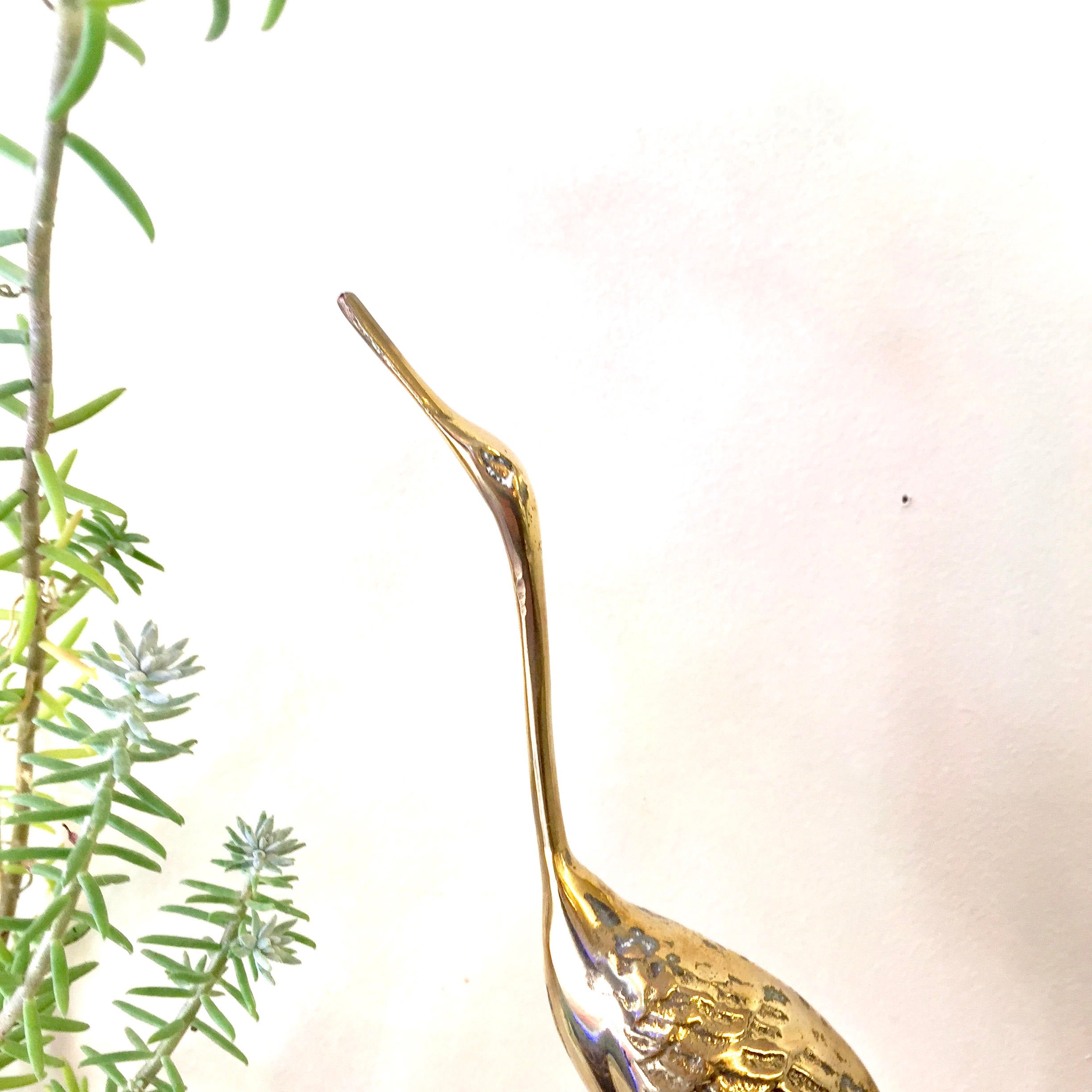 Brass crane statue with elongated neck and beak, perched amidst green fern foliage, against a plain white background. Vintage midcentury modern brass bird figurine for home decor.