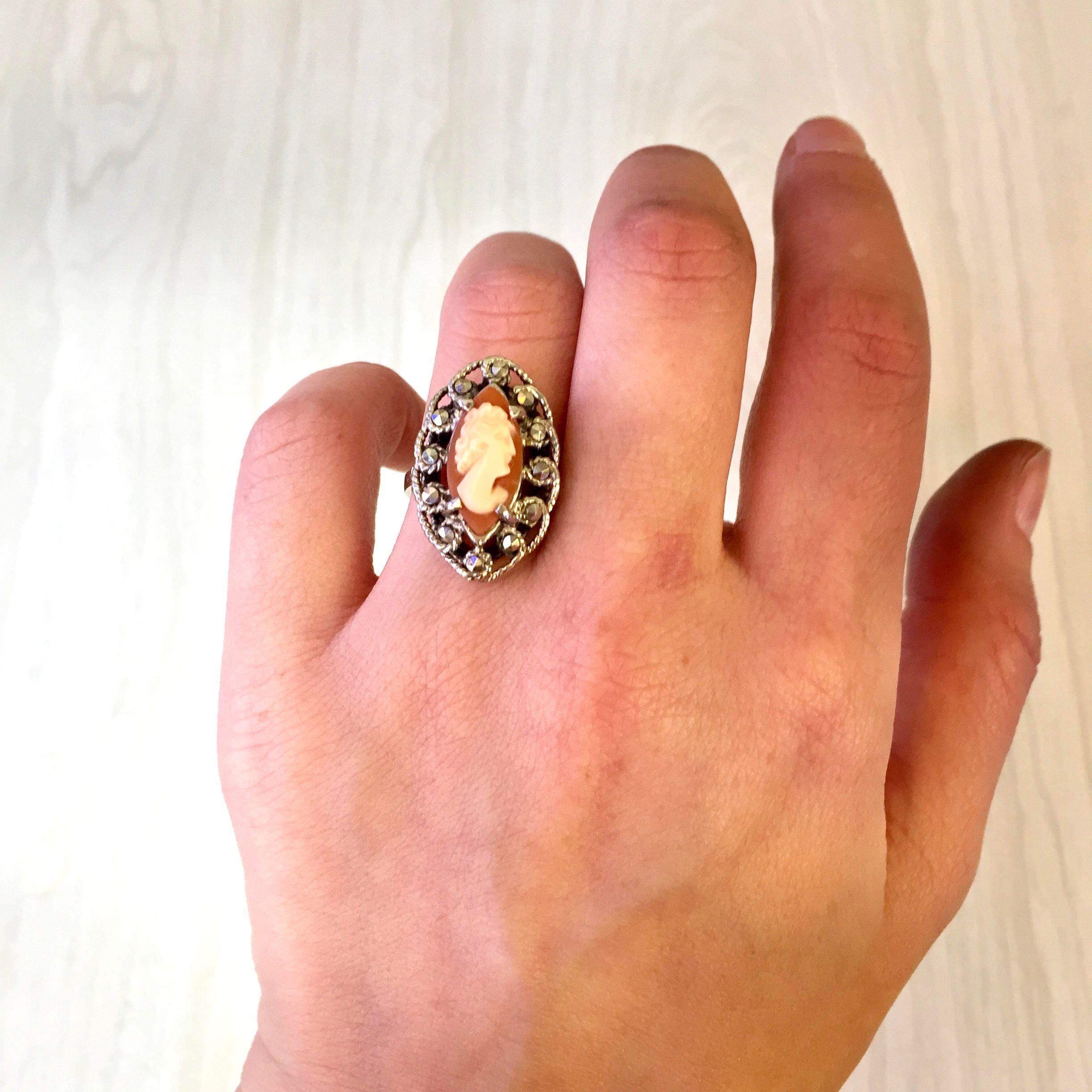 Vintage Sterling Silver Cameo Ring with Marcasite Detail | Cameo | Victorian Jewelry | Marcasite Ring | Cameo Ring | Vintage Sterling Silver