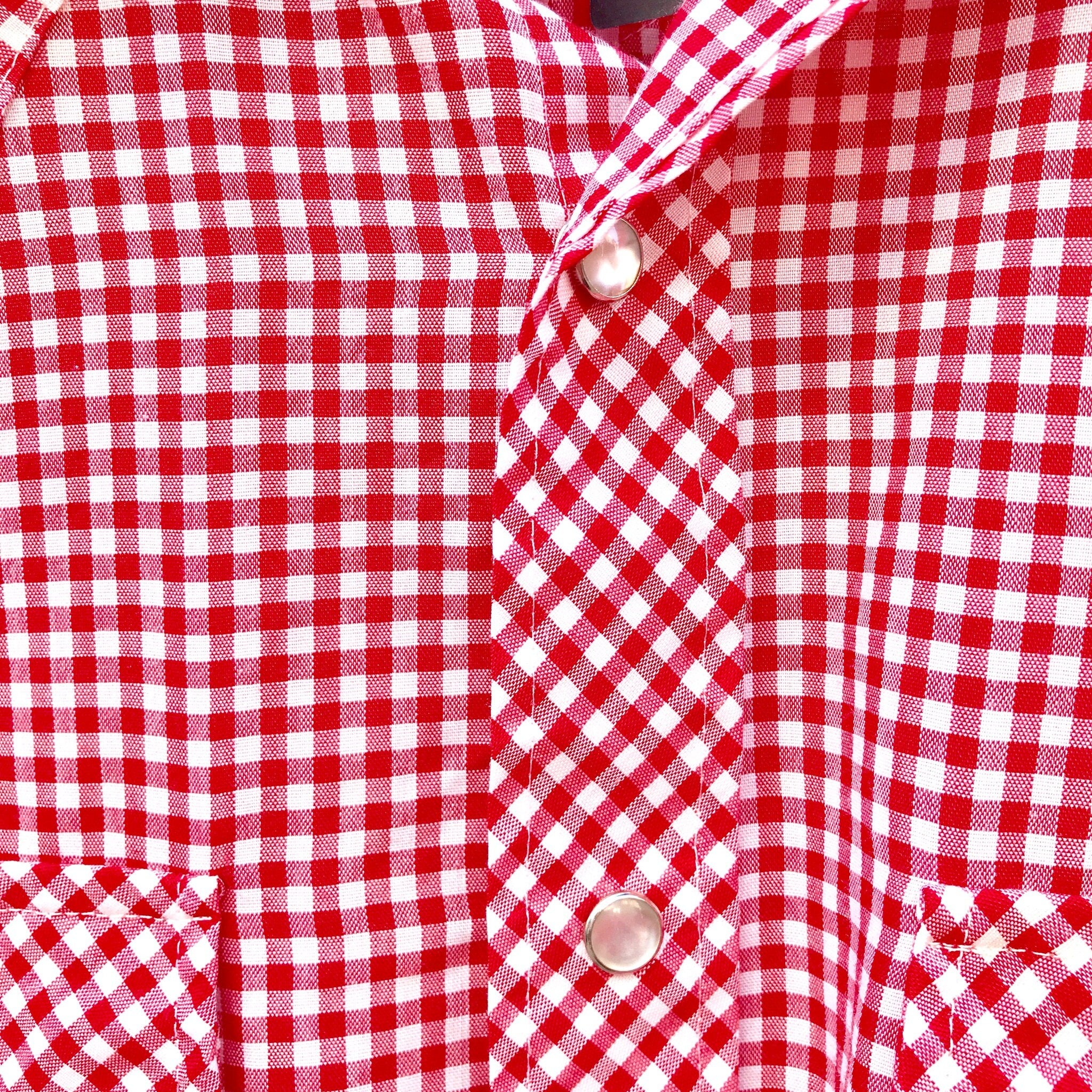 Red and white gingham checked long-sleeved button-down western shirt