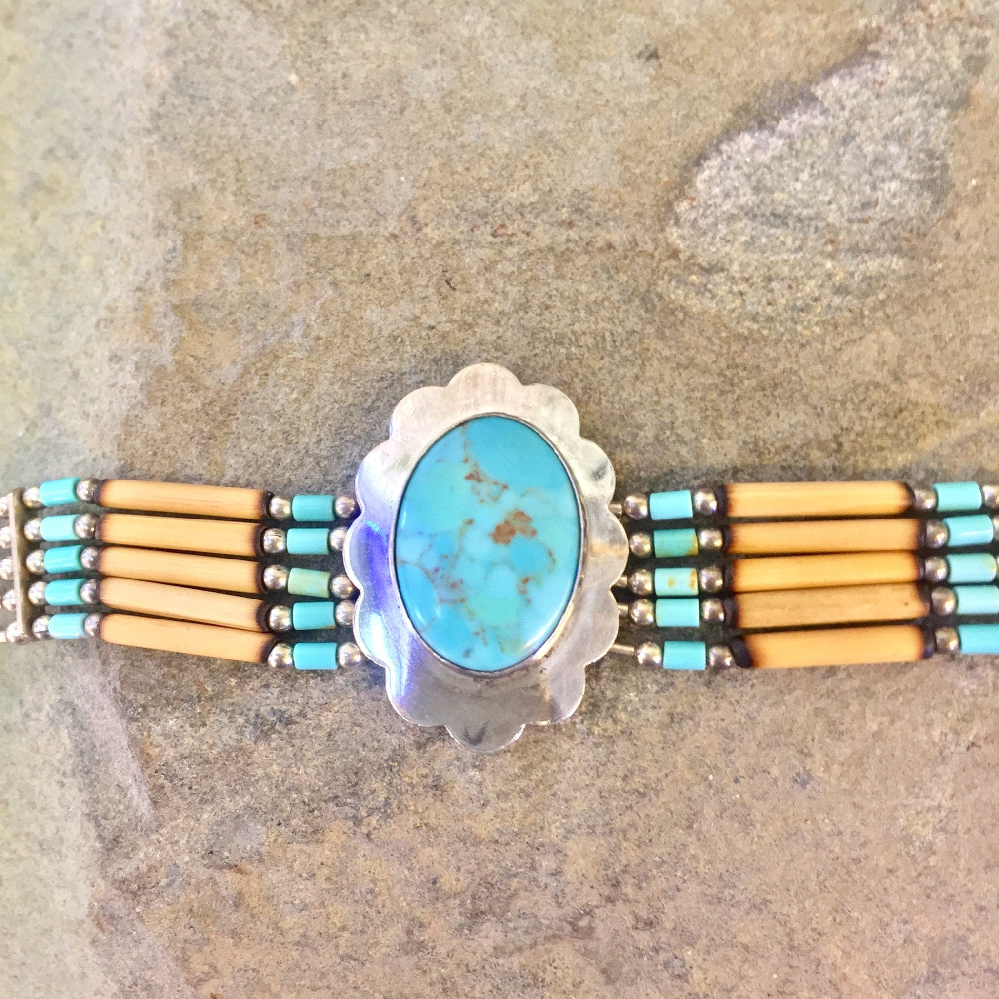 Vintage Beaded Bracelet | Turquoise Bracelet | Beaded Jewelry | Vintage Jewelry | Sterling Silver | Multi Strand | Turquoise | Flower | Gift