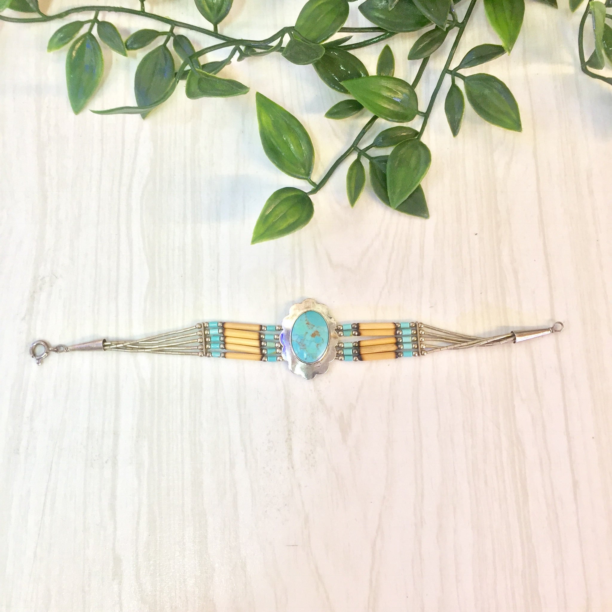 Vintage Beaded Bracelet | Turquoise Bracelet | Beaded Jewelry | Vintage Jewelry | Sterling Silver | Multi Strand | Turquoise | Flower | Gift