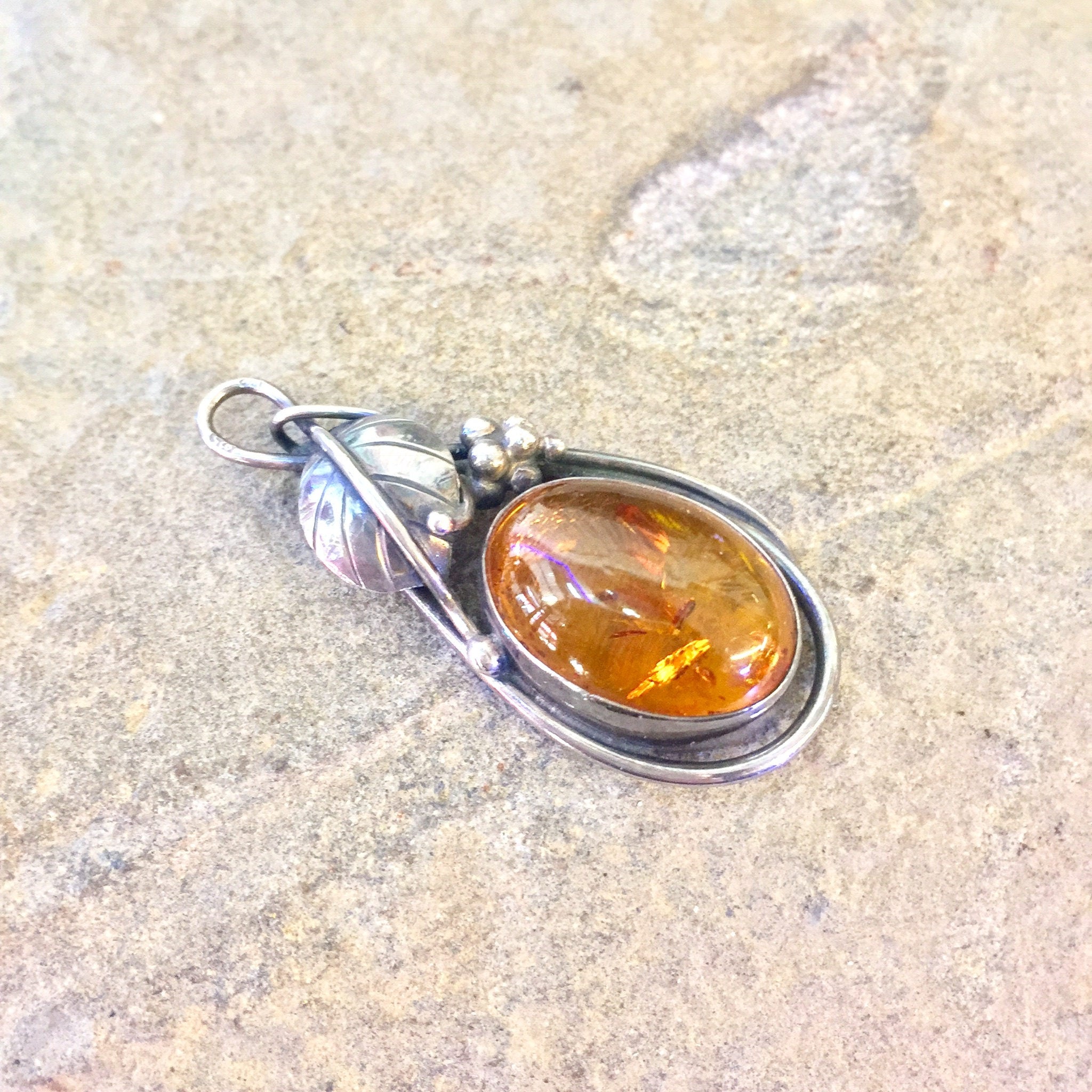 Vintage Silver Pendant | Vintage Jewelry | Amber Pendant | Sterling Silver | Amber Jewelry | Necklace | Pendant | Orange | Silver | Gift