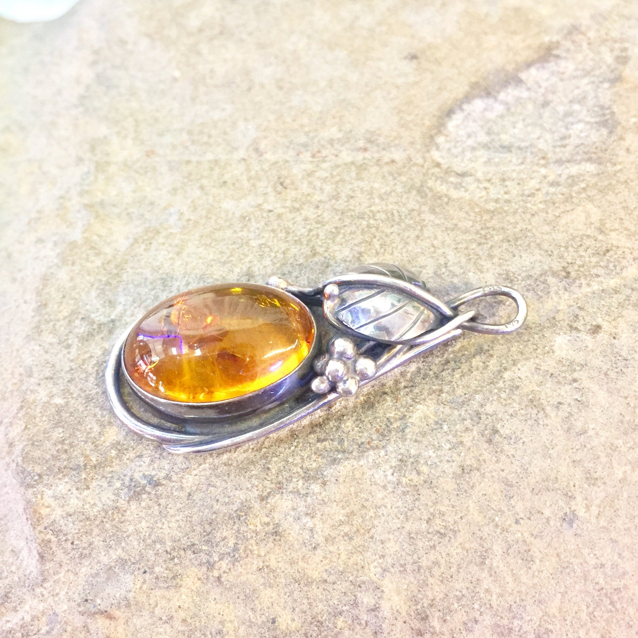 Vintage Silver Pendant | Vintage Jewelry | Amber Pendant | Sterling Silver | Amber Jewelry | Necklace | Pendant | Orange | Silver | Gift