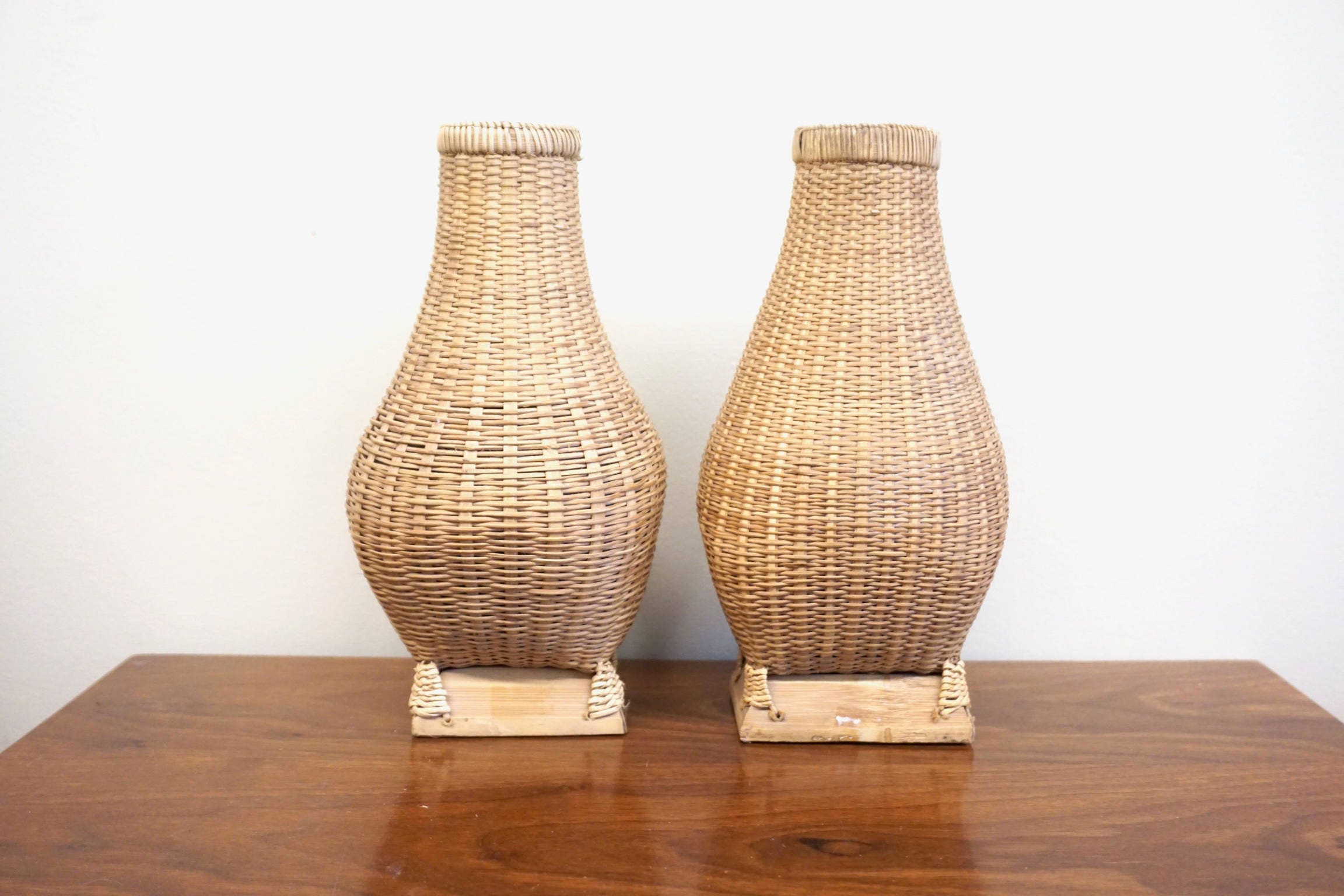 Pair of Two Rattan Wrapped Vases | Ceramic Vases Wrapped in Rattan | Rattan Home Decor | Bohemian Home Decor | Boho Home |Rattan Vase |Weave