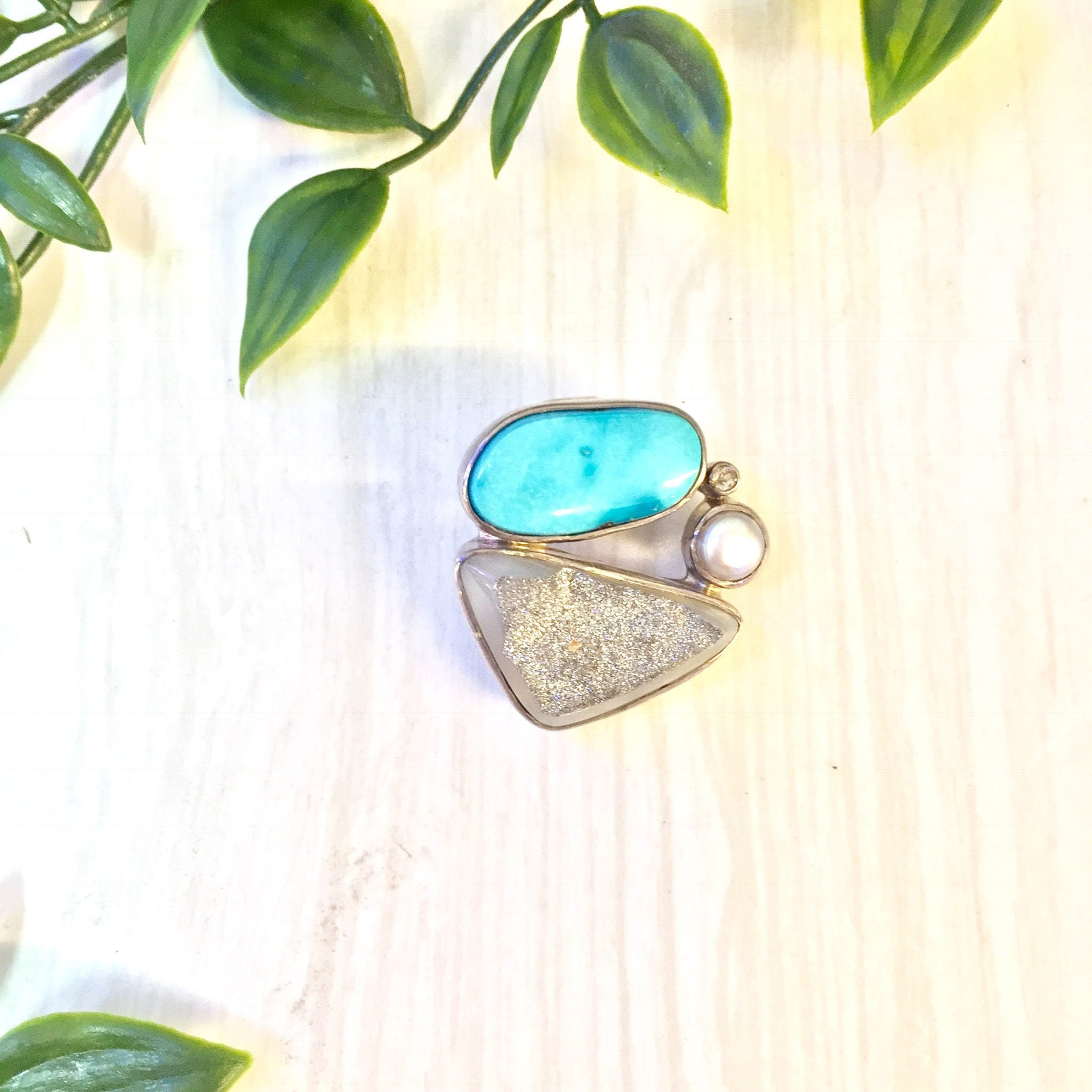 Vintage Silver Pendant, Starborn Pendant, Starborn Jewelry, Vintage Jewelry, Sterling Silver, Turquoise, Drusy Quartz, Pearl, Necklace, Gift