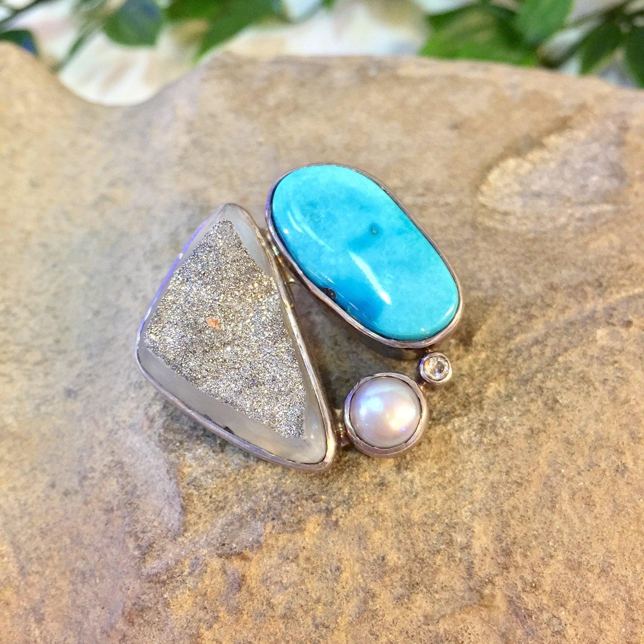 Vintage Silver Pendant, Starborn Pendant, Starborn Jewelry, Vintage Jewelry, Sterling Silver, Turquoise, Drusy Quartz, Pearl, Necklace, Gift