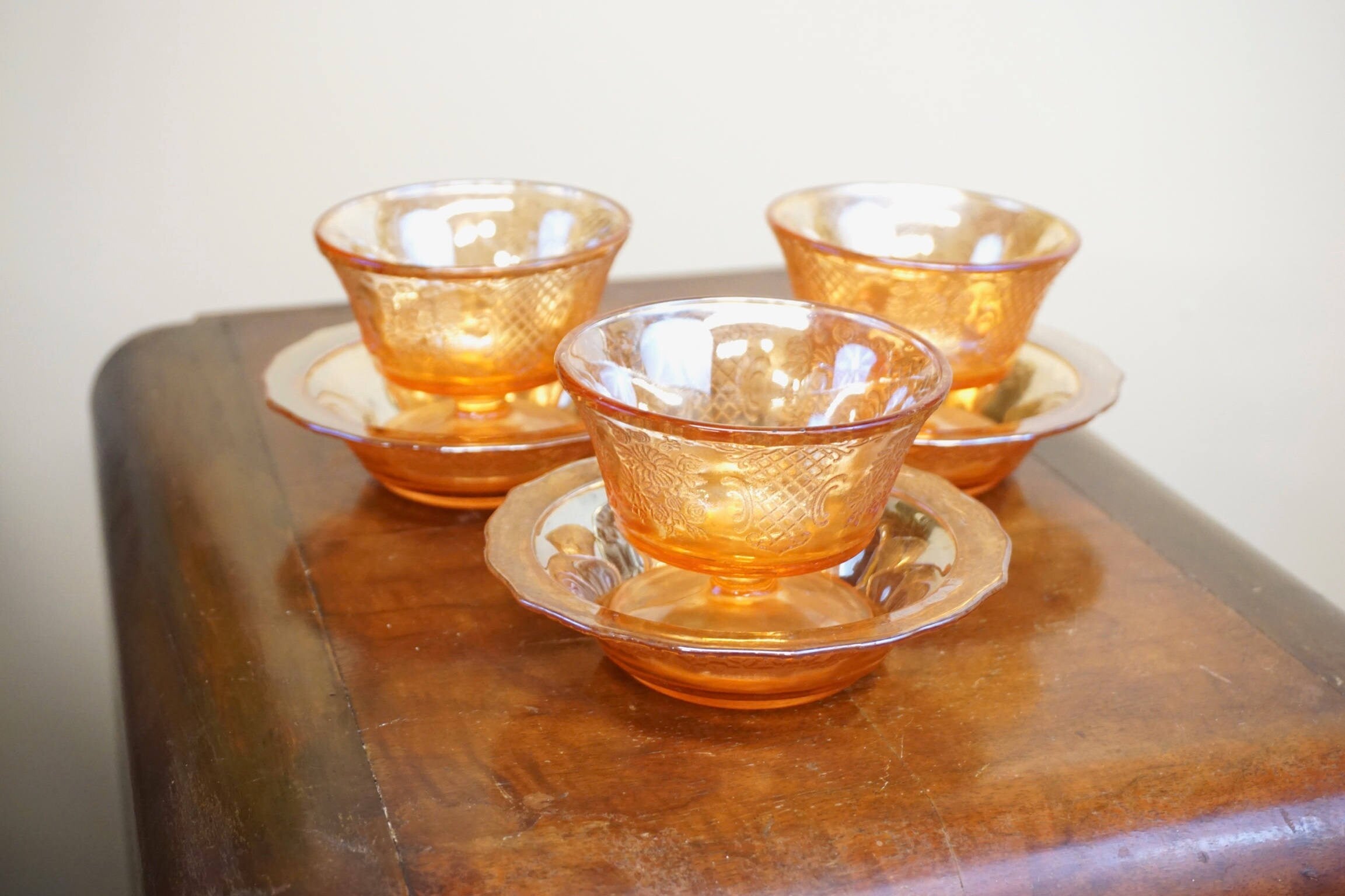 Set of Three Opalescent Carnival Glass Dishes | Orange Carnival Glass | Iridescent Orange Glass | Dessert Dish | Glass with Bowl |
