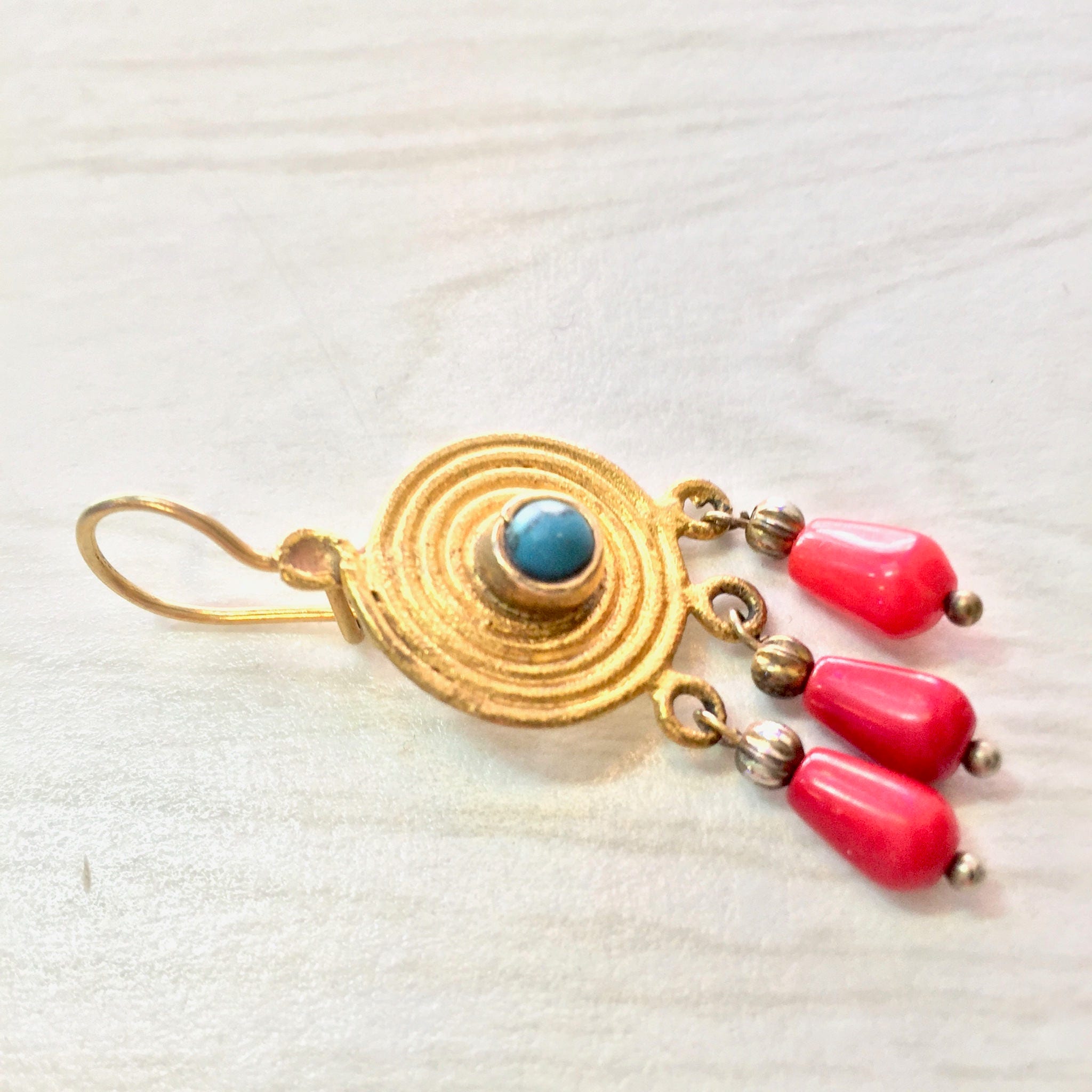 Vintage Gold Tone Earrings | Gold and Turquoise Earrings | Red Beads | Vintage Earrings | Gold Tone | Swirl Earrings | Turquoise Beads