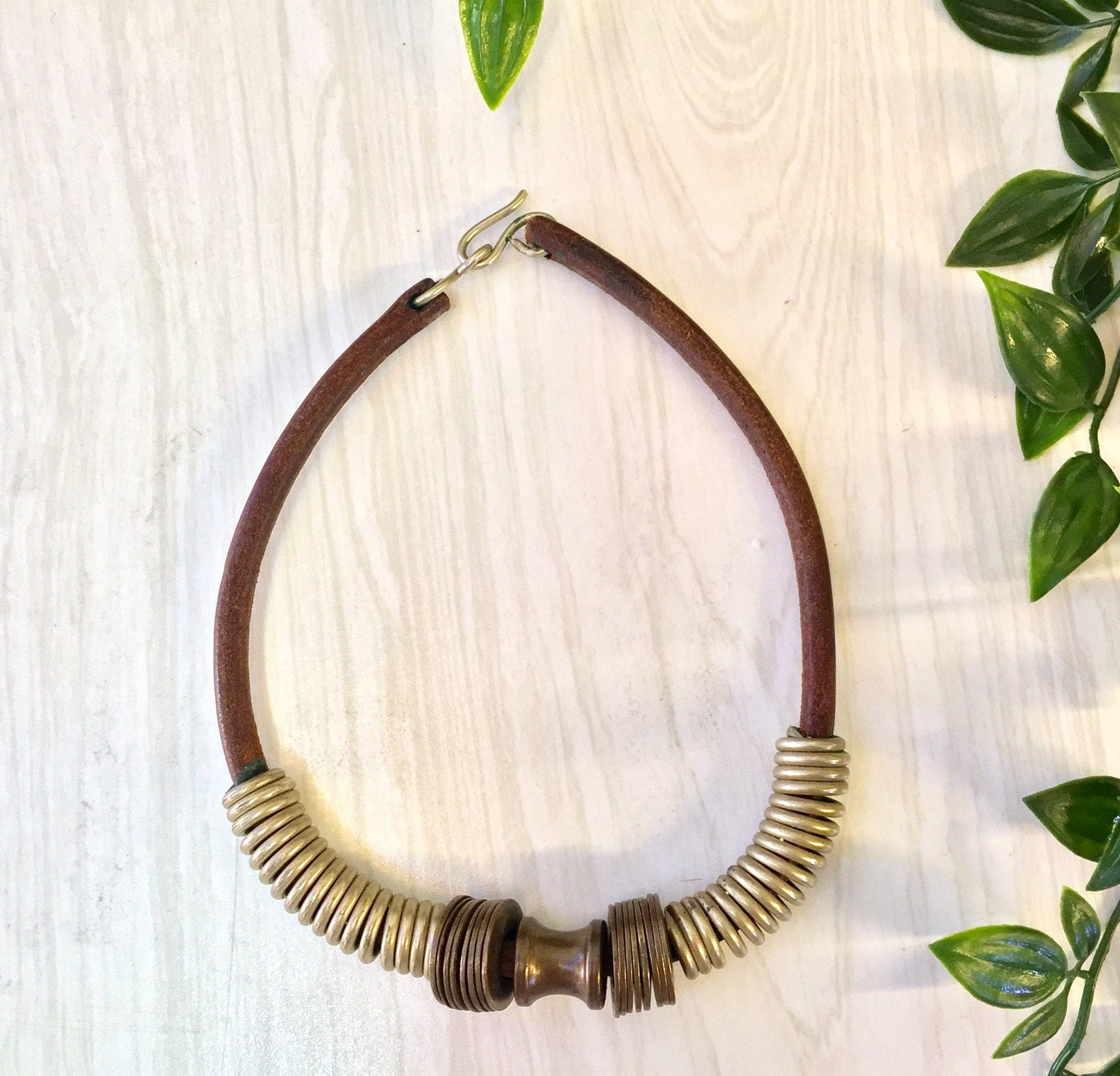 Vintage Choker, Leather Necklace, Vintage Jewelry, Brass, Coil Jewelry, Ethnic Jewelry, Statement Necklace, Mothers Day Gift
