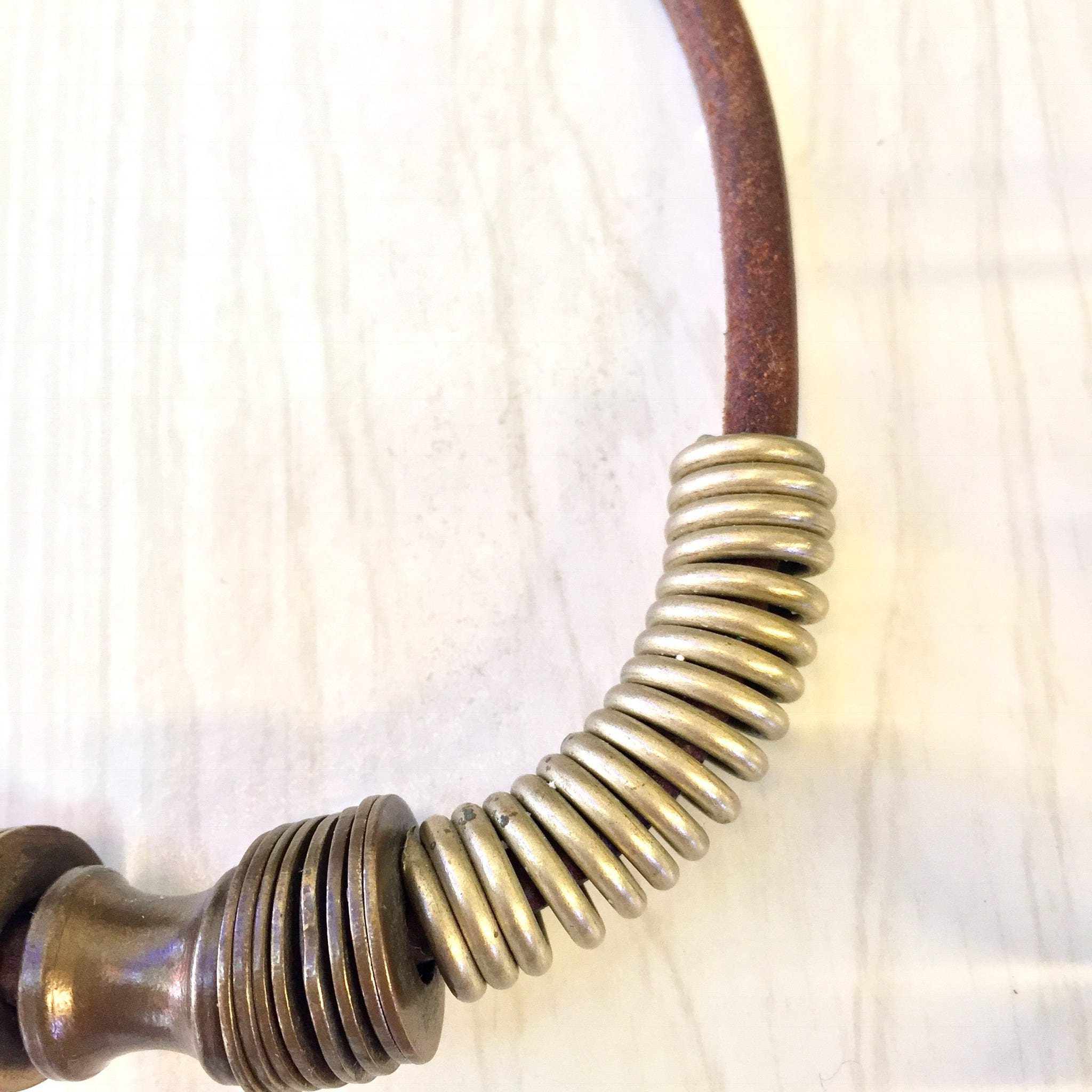 Vintage Choker, Leather Necklace, Vintage Jewelry, Brass, Coil Jewelry, Ethnic Jewelry, Statement Necklace, Mothers Day Gift
