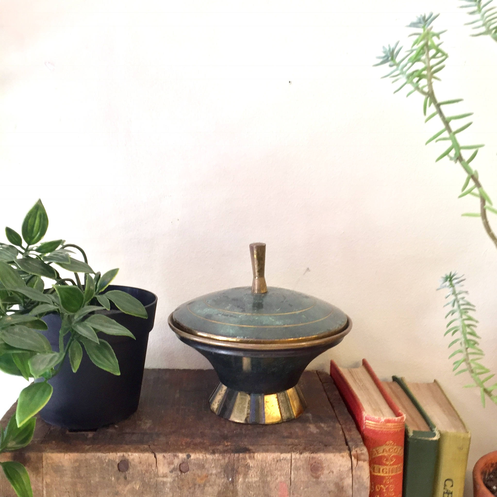 Vintage Brass Container with Lid | Brass Container on Pedestal | Green and Brass | Made in Israel | Vintage Home Decor | Catch All Dish