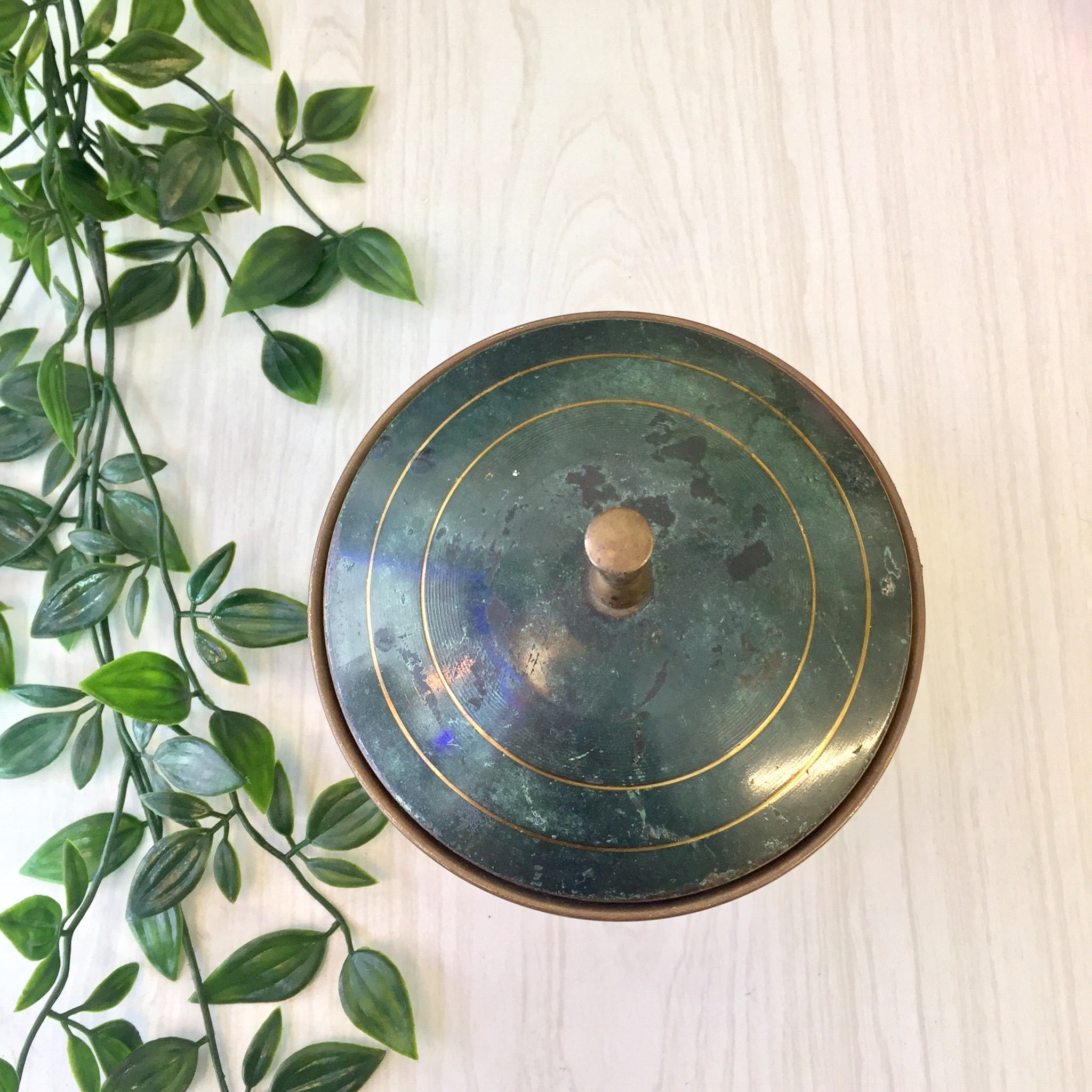 Vintage Brass Container with Lid | Brass Container on Pedestal | Green and Brass | Made in Israel | Vintage Home Decor | Catch All Dish