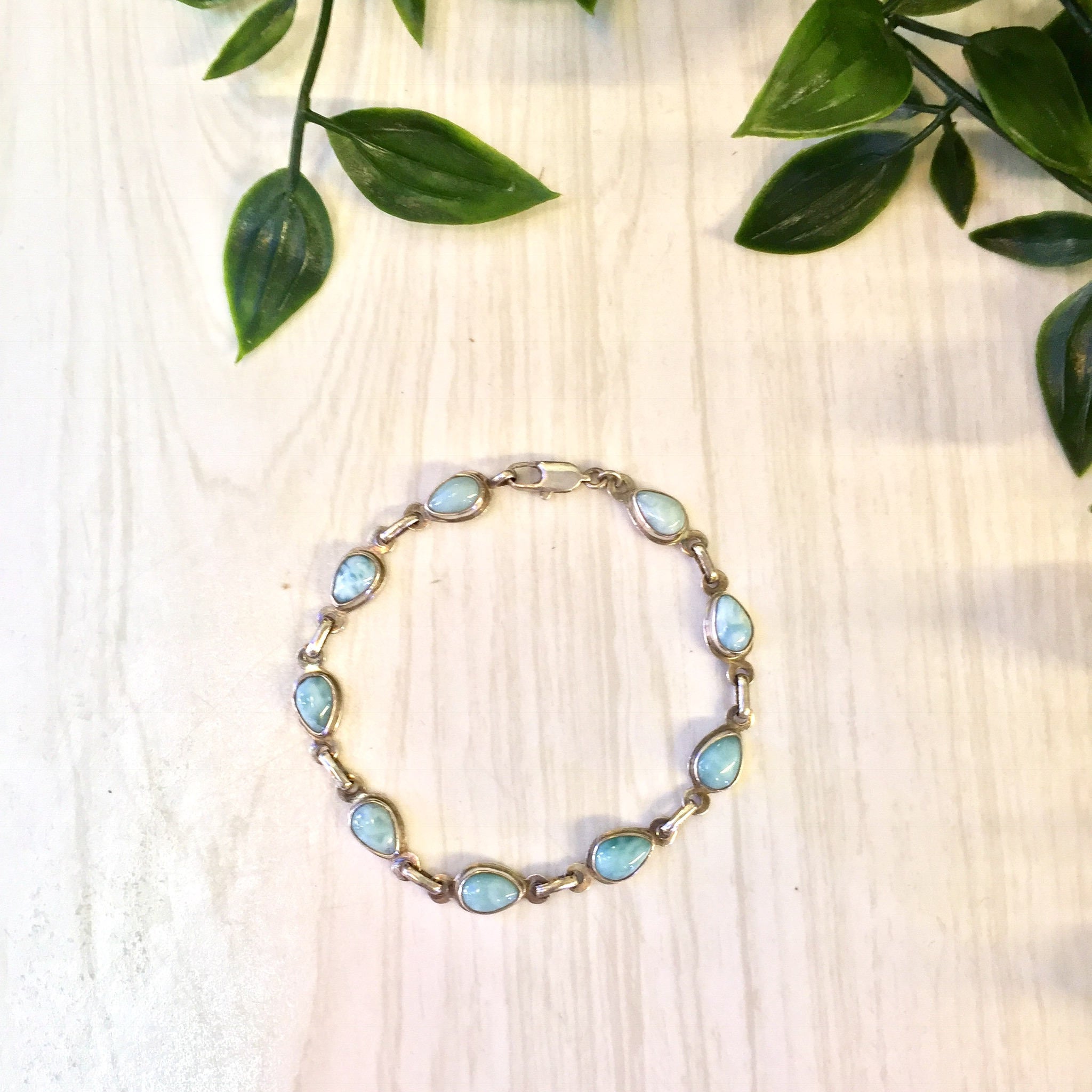 Vintage Sterling Silver Bracelet with Larimar Stones, Teardrop Shaped Stones, Link Bracelet, Vintage Jewelry, Blue, 925, Mothers Day Gift