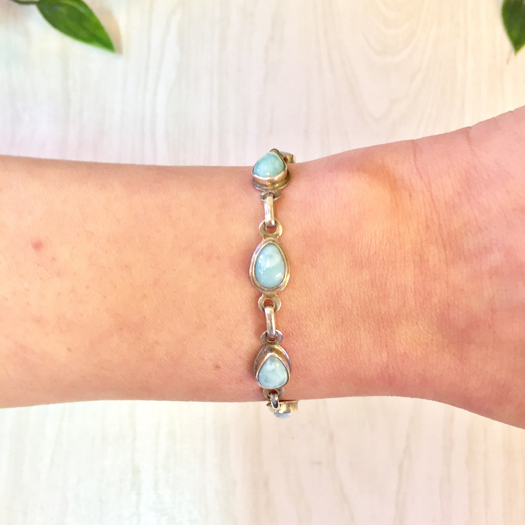 Vintage Sterling Silver Bracelet with Larimar Stones, Teardrop Shaped Stones, Link Bracelet, Vintage Jewelry, Blue, 925, Mothers Day Gift
