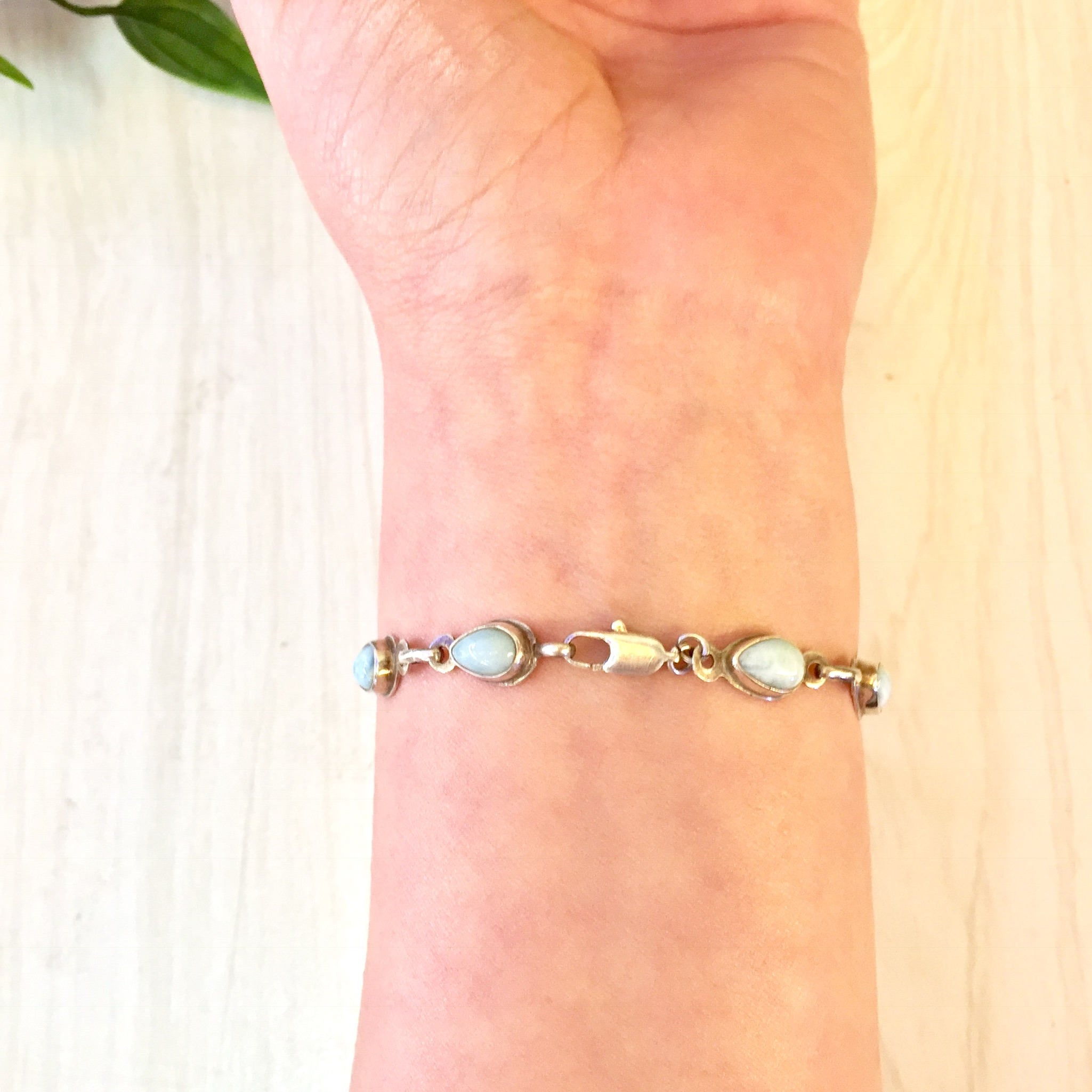 Vintage Sterling Silver Bracelet with Larimar Stones, Teardrop Shaped Stones, Link Bracelet, Vintage Jewelry, Blue, 925, Mothers Day Gift
