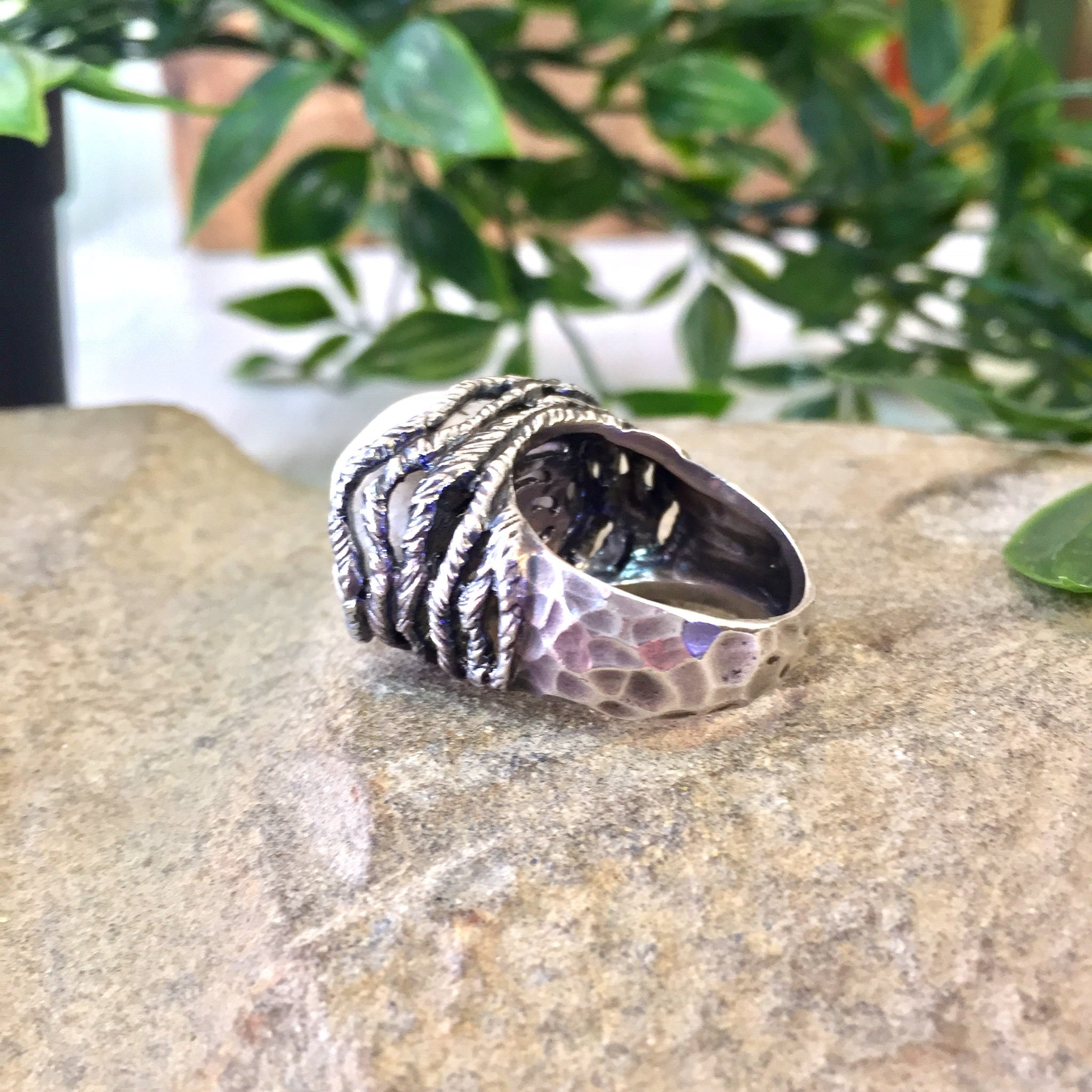 Vintage Sterling Silver Ring with Quartz Stone, Vintage Jewelry, Hammered Silver Ring, Rope Setting, Statement Jewelry, Large Ring, 925