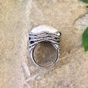 Vintage Sterling Silver Ring with Quartz Stone, Vintage Jewelry, Hammered Silver Ring, Rope Setting, Statement Jewelry, Large Ring, 925