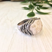 Vintage Sterling Silver Ring with Quartz Stone, Vintage Jewelry, Hammered Silver Ring, Rope Setting, Statement Jewelry, Large Ring, 925