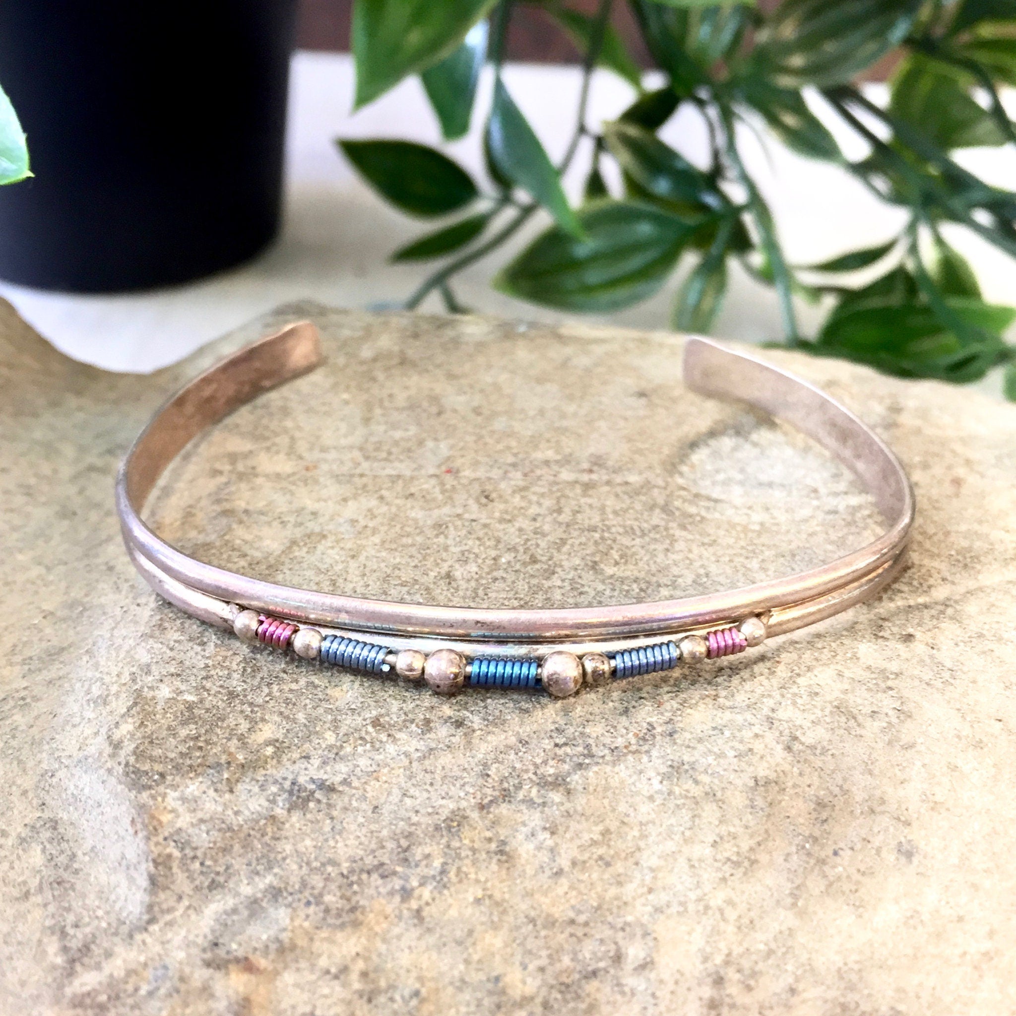 Vintage Silver Cuff, Vintage Jewelry, Cuff Bracelet, Beaded Jewelry, Sterling Silver, Blue, Pink, Purple, Beads, Thin Bracelet