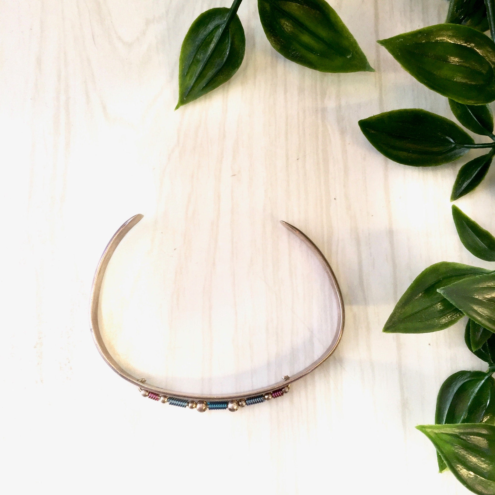 Vintage Silver Cuff, Vintage Jewelry, Cuff Bracelet, Beaded Jewelry, Sterling Silver, Blue, Pink, Purple, Beads, Thin Bracelet
