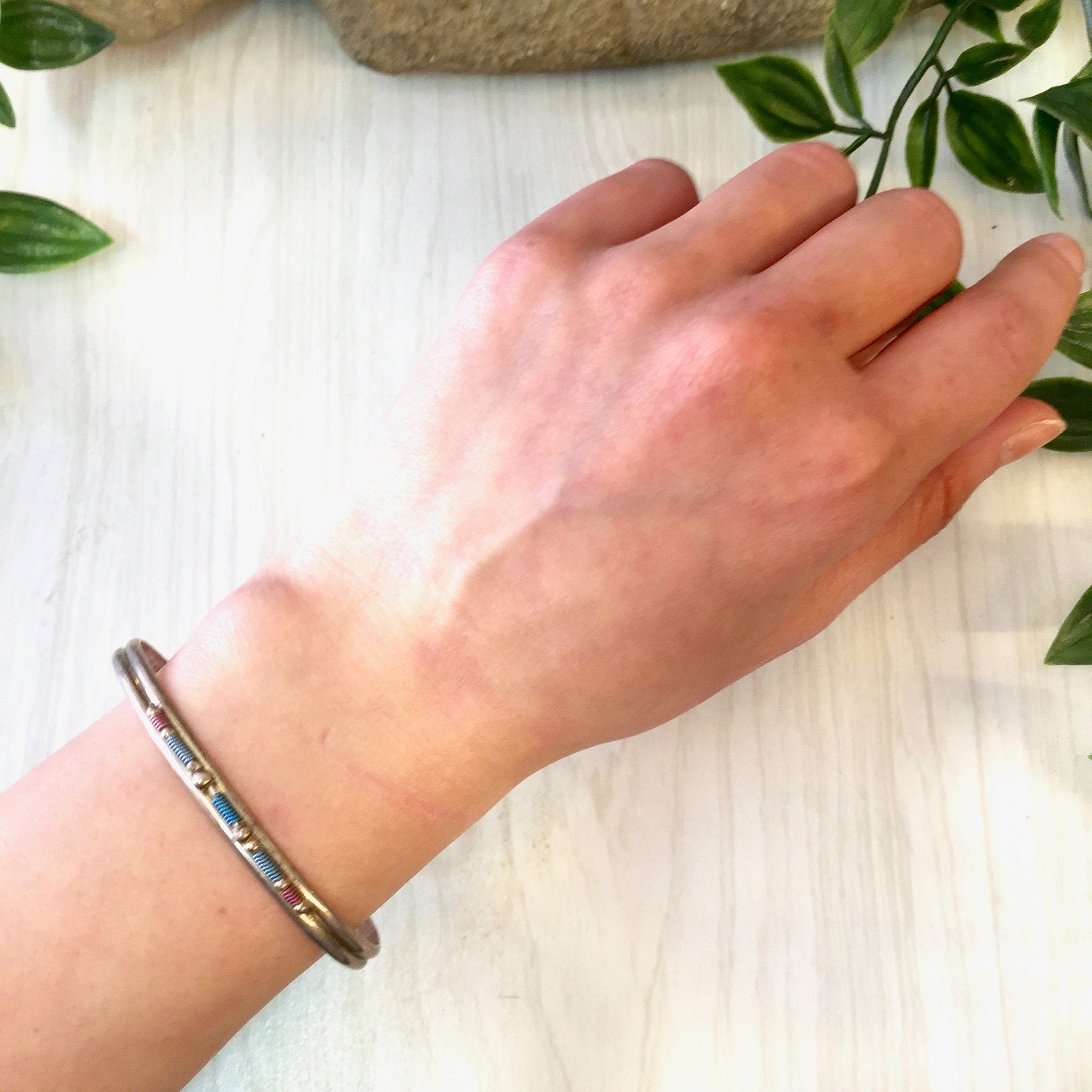 Vintage Silver Cuff, Vintage Jewelry, Cuff Bracelet, Beaded Jewelry, Sterling Silver, Blue, Pink, Purple, Beads, Thin Bracelet