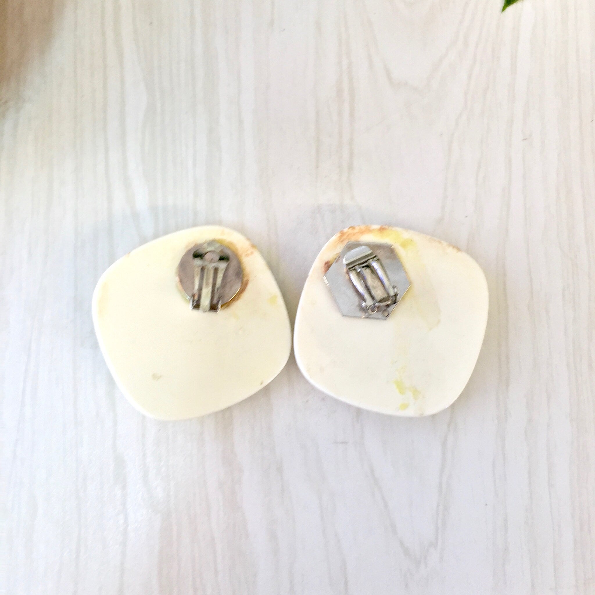 Vintage Costume Jewelry, Clip On Earrings, Plastic Earrings, Large Earrings, Statement Jewlery, Vintage Jewelry, Cream, Black, Big, 1970's