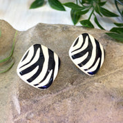 Clip On Earrings, Vintage Earrings, Vintage Jewelry, Zebra Print, Animal Print, Black and White, Stripes, 1960's, 1970's, 1980's, Plastic