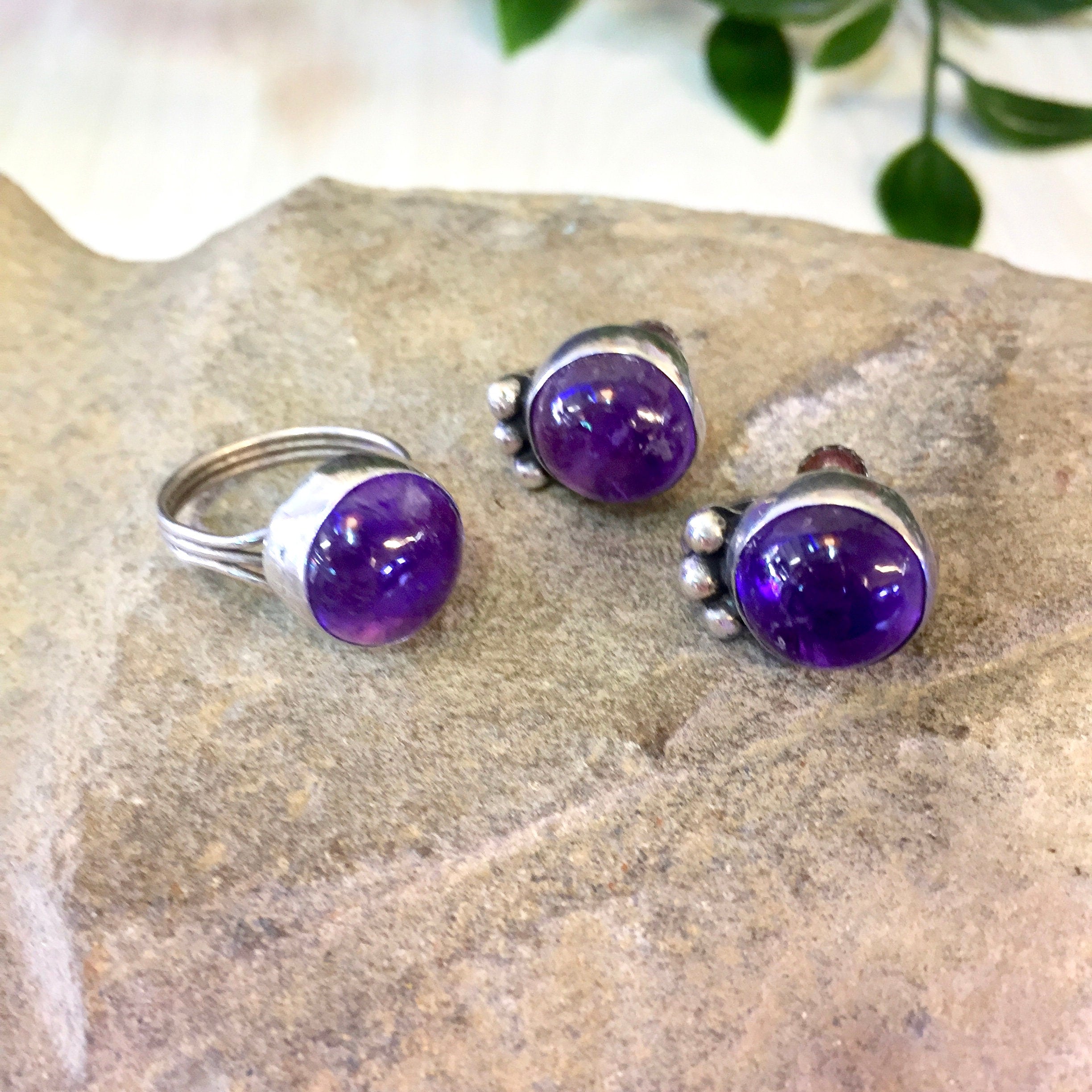 Vintage Jewelry Set, Vintage Ring, Vintage Earrings, Screw Back Earrings, Purple Stones, Sterling Silver, Made in Mexico, Vintage Jewelry
