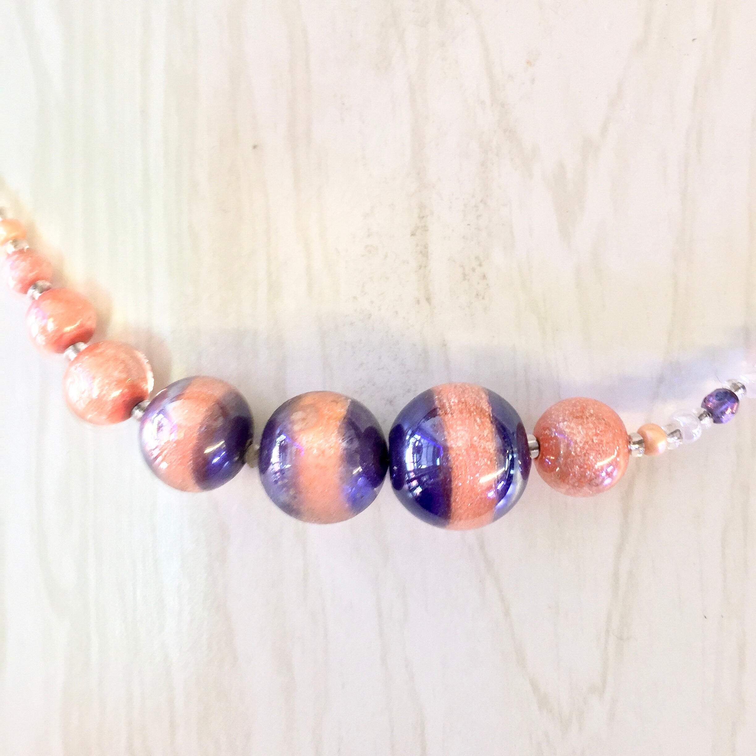 Antica Murrina Necklace, Glass Beaded Necklace, Purple, Pink, Asymmetrical Necklace, White, Blue, Beaded Jewelry, Glass Beads, Statement
