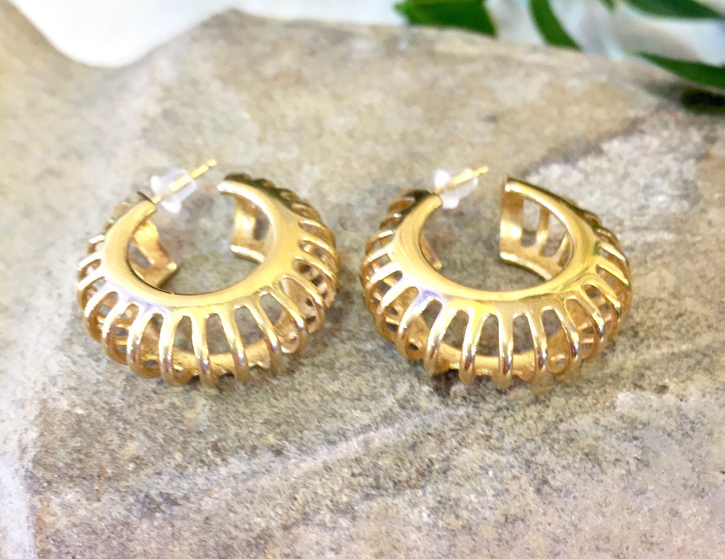 Vintage Earrings, Gold Tone Earrings, Vintage Jewelry, Small Hoop Earrings, Cut Out Jewelry, Post Earrings, Special Occasion, Mothers Day
