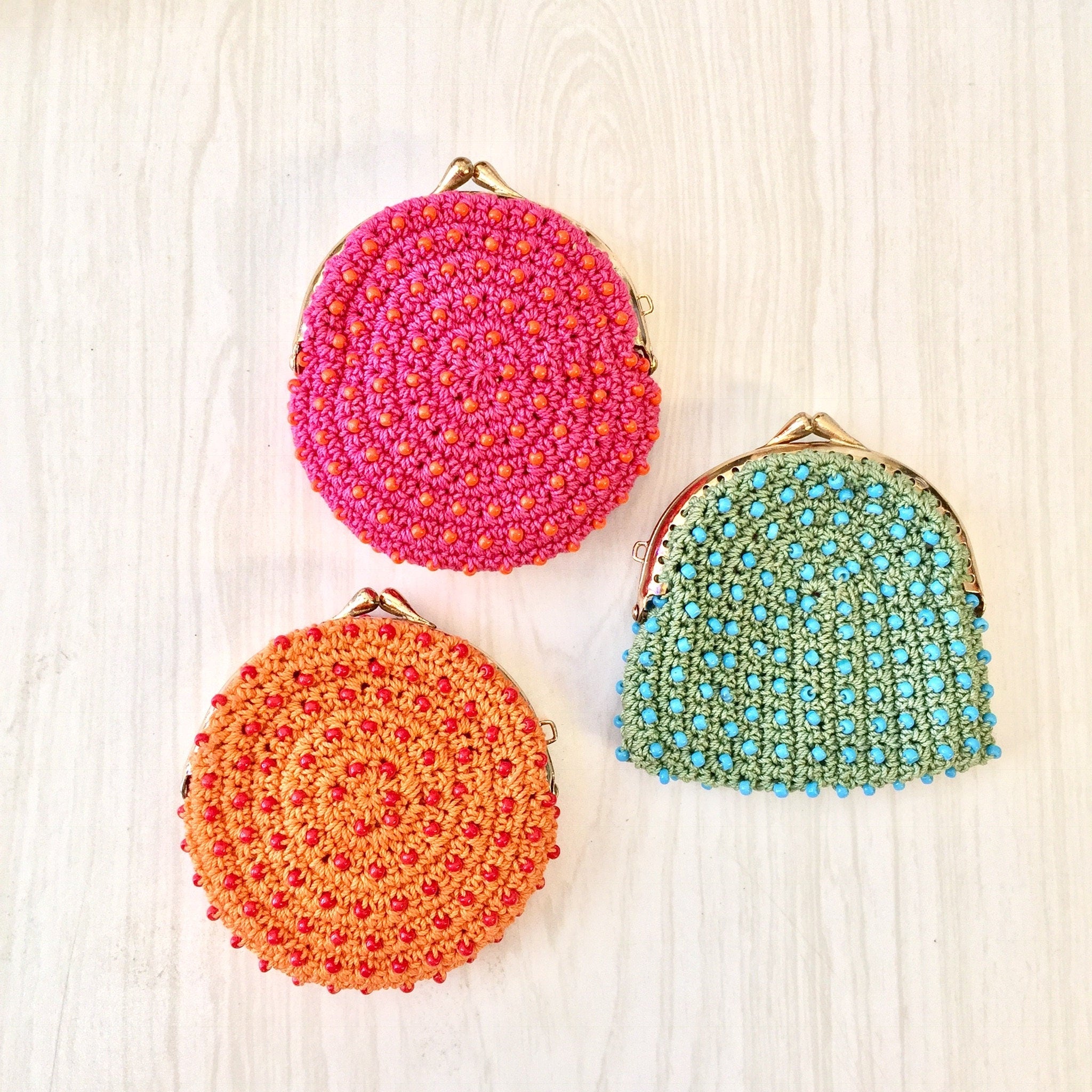Set of Three Vintage Coin Purses, Vintage Change Purse, Beaded Purse, Crochet, Japan Beadies, 1970's Coin Purse, Pink, Orange, Green, Beaded