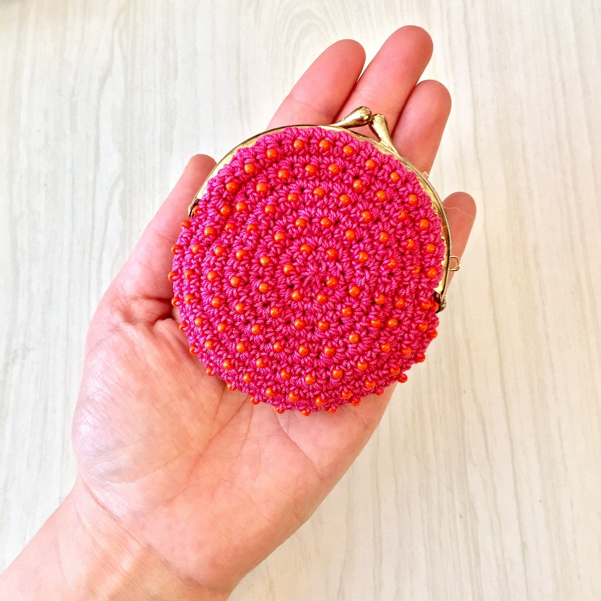 Set of Three Vintage Coin Purses, Vintage Change Purse, Beaded Purse, Crochet, Japan Beadies, 1970's Coin Purse, Pink, Orange, Green, Beaded