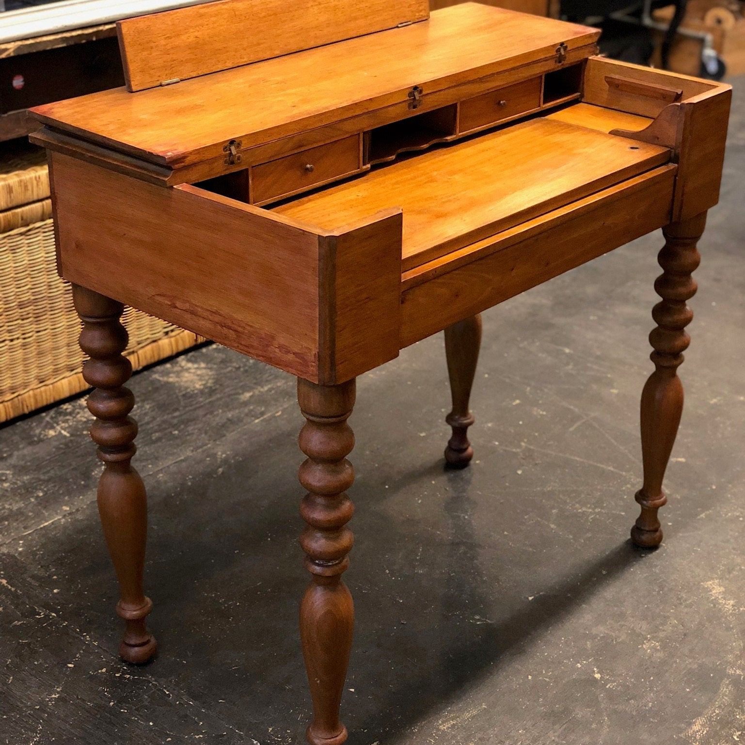 Antique Mahogany Writing Desk, Vintage Home Decor, wooden Furniture, Turned Legs, Writing Table, Hidden Desk, Ink Well, Drawers, 19th c