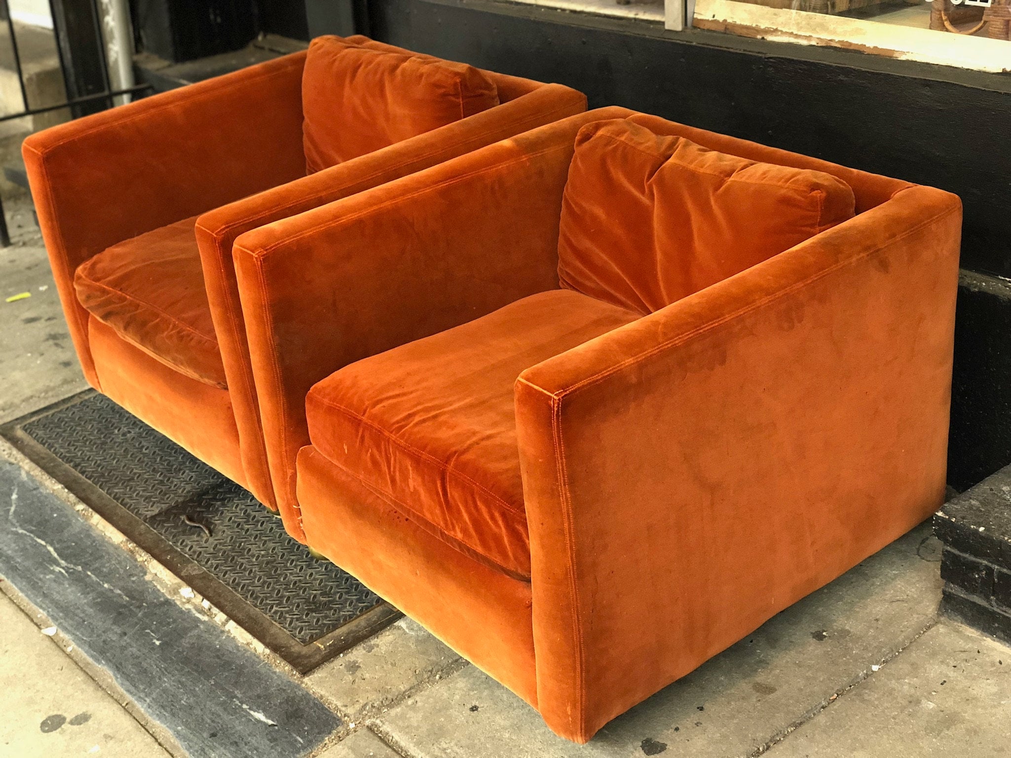 Vintage Velvet Chairs, 1970's Orange Chairs, Pair of Chairs, Arm Chairs, Lounge, Vintage Furniture, Retro, Velvet, Velour, Seating, Orange