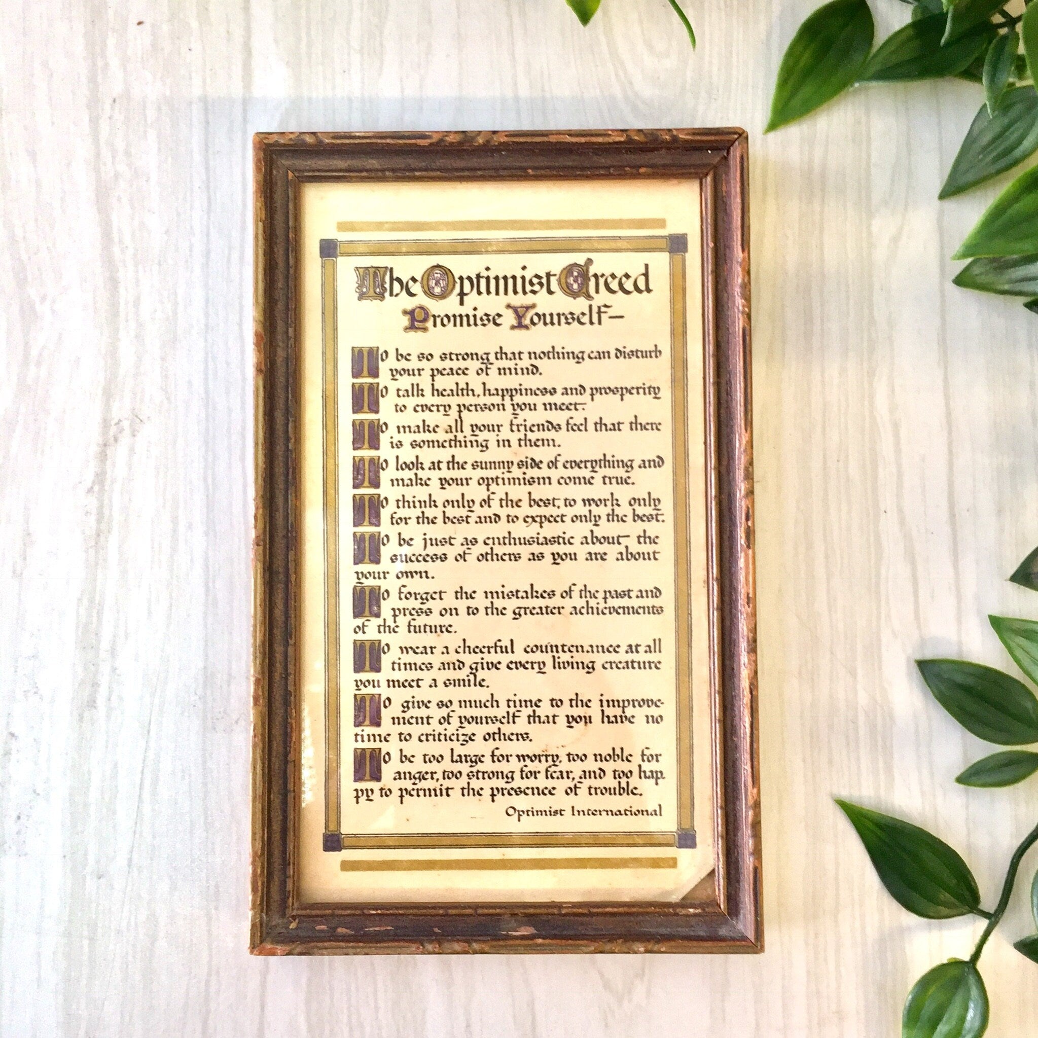 Vintage Wall Art, Framed Art, The Optimist Creed, Optimistic, Positive Thinking, PMA, Optimist International, Small Artwork, Wood Frame