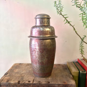 Vintage Cocktail Shaker, Vintage Barware, Etched Painted Metal, Mixology, Indian Cocktail Shaker, Silver, Red, Floral Design, Etched Metal