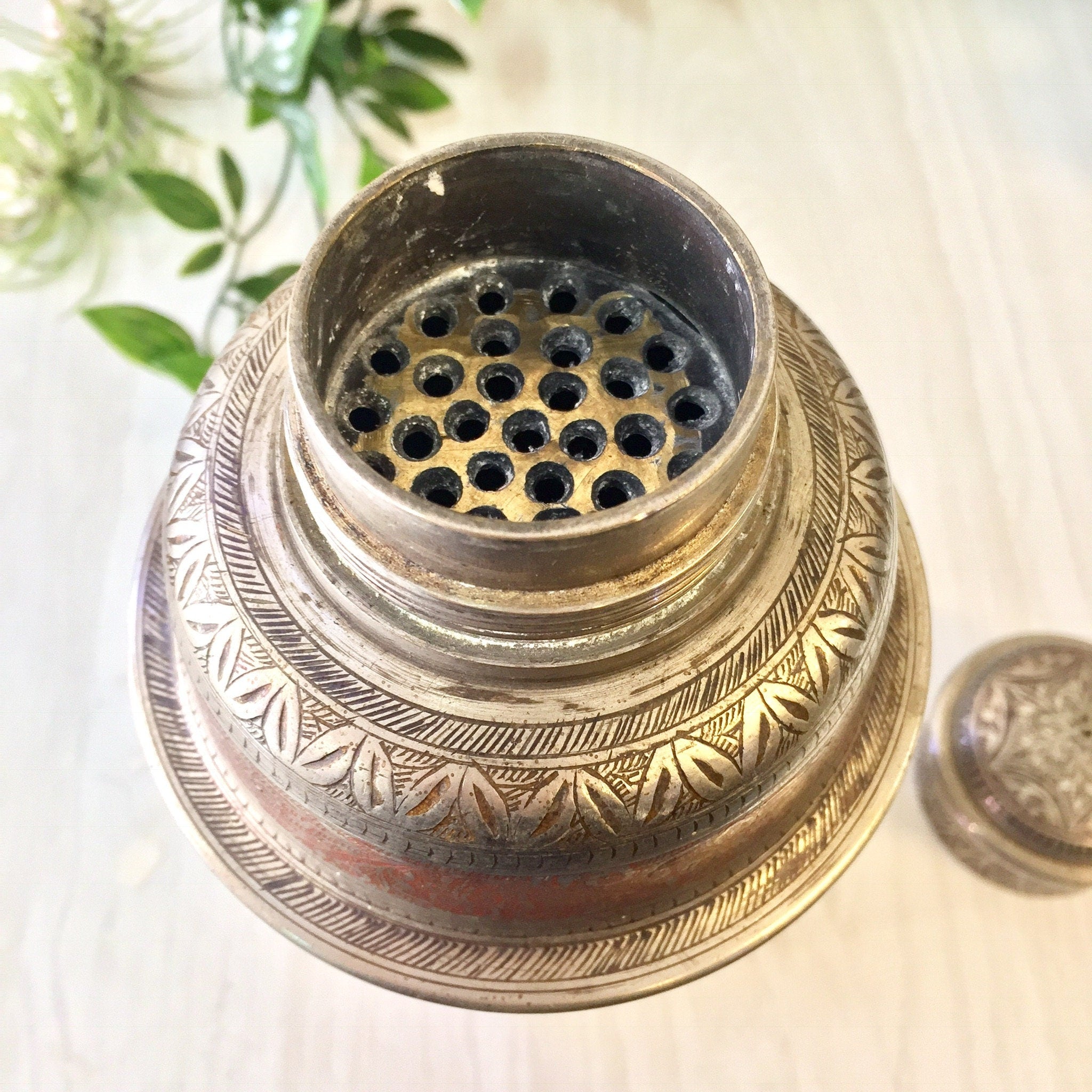 Vintage Cocktail Shaker, Vintage Barware, Etched Painted Metal, Mixology, Indian Cocktail Shaker, Silver, Red, Floral Design, Etched Metal