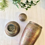 Vintage Cocktail Shaker, Vintage Barware, Etched Painted Metal, Mixology, Indian Cocktail Shaker, Silver, Red, Floral Design, Etched Metal