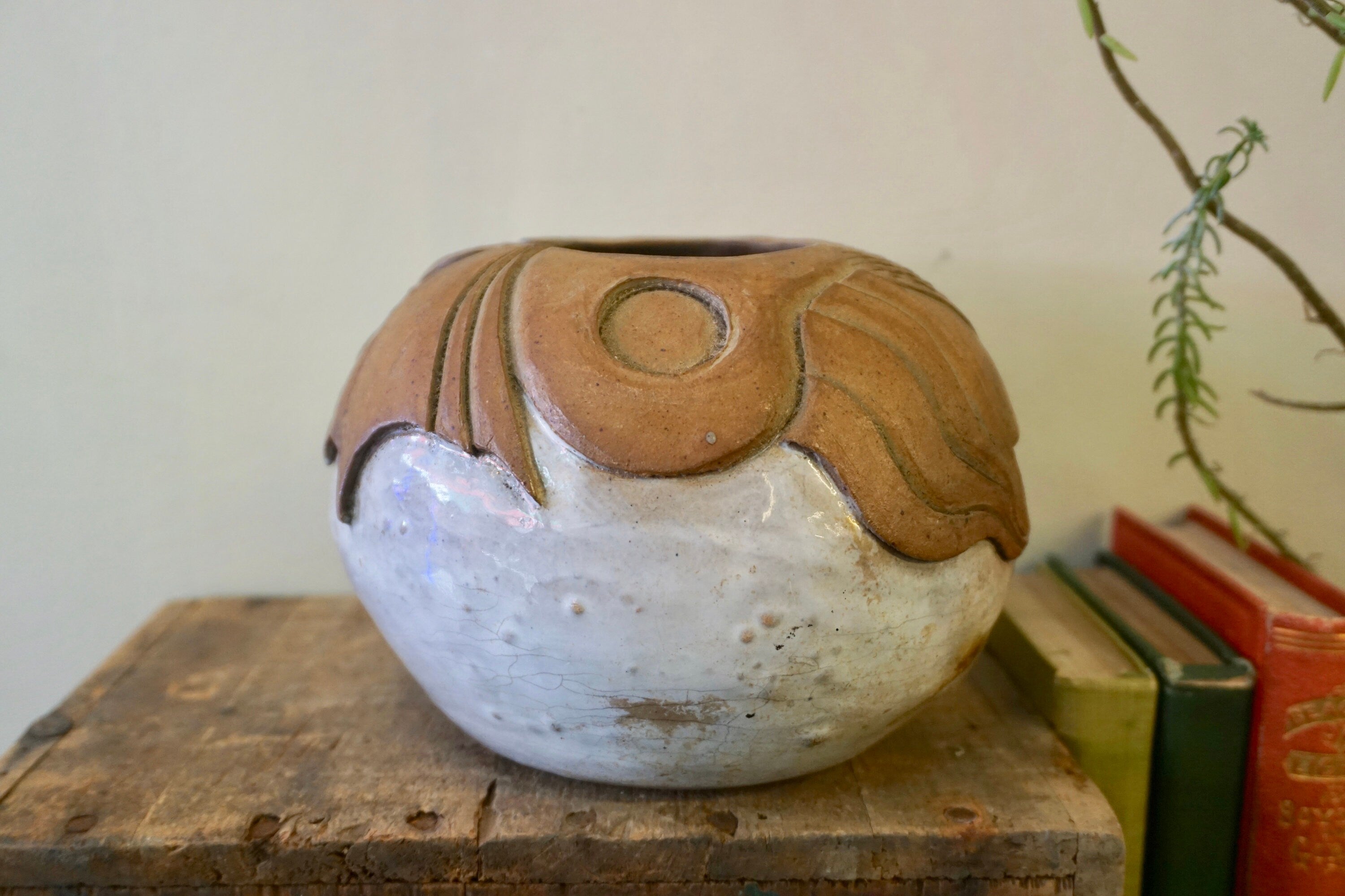 Vintage Ceramic Planter, Vintage Pottery, Glazed Ceramic, Pot, Planter, Vintage Home Decor, Rustic Decor, Patterned, Round Pot, Gift for Mom