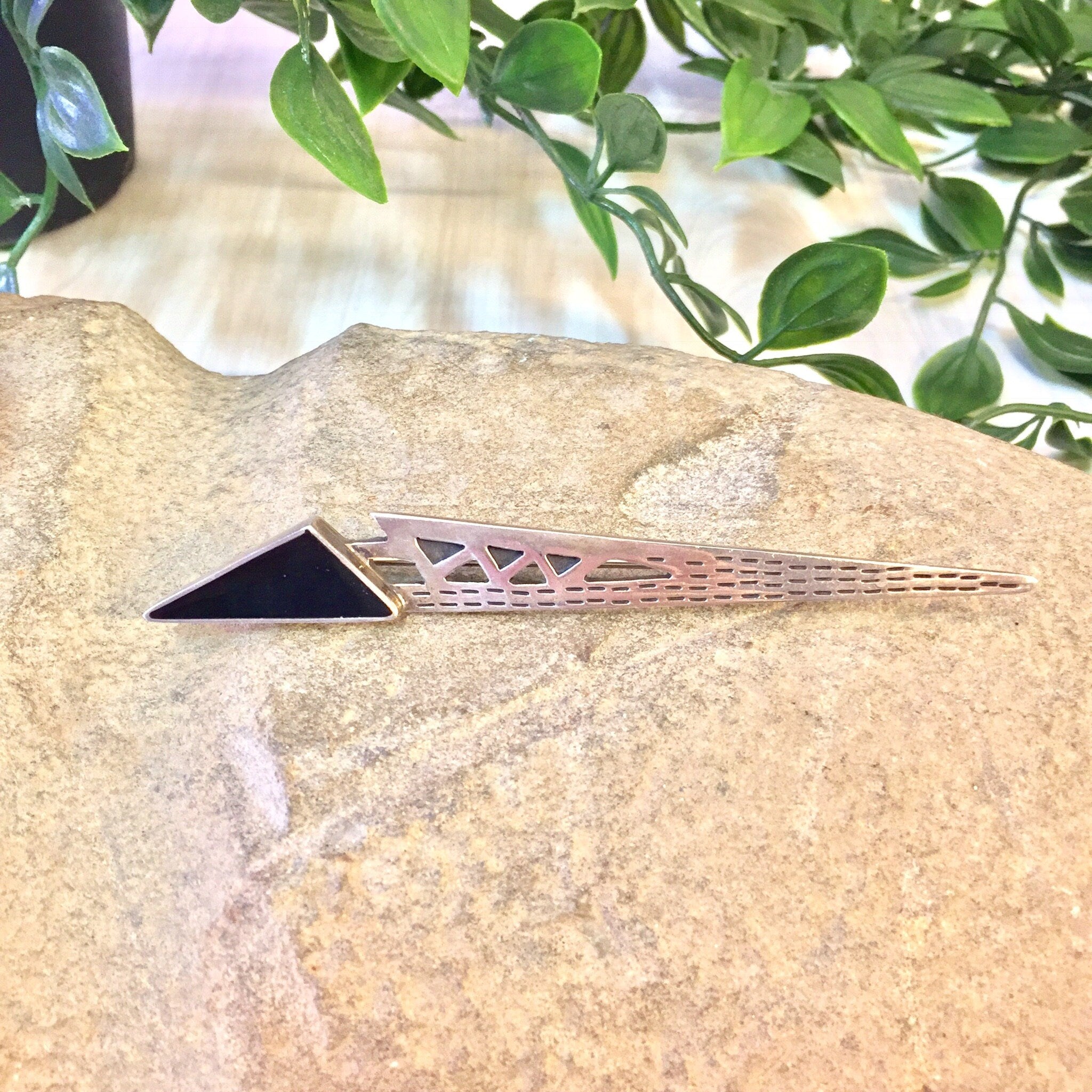 Vintage Silver Pin, Sterling Silver, Brooch, Pin, Abstract Jewelry, Vintage Jewelry, 925, Made in Mexico, Triangle, Geometric, Black Onyx