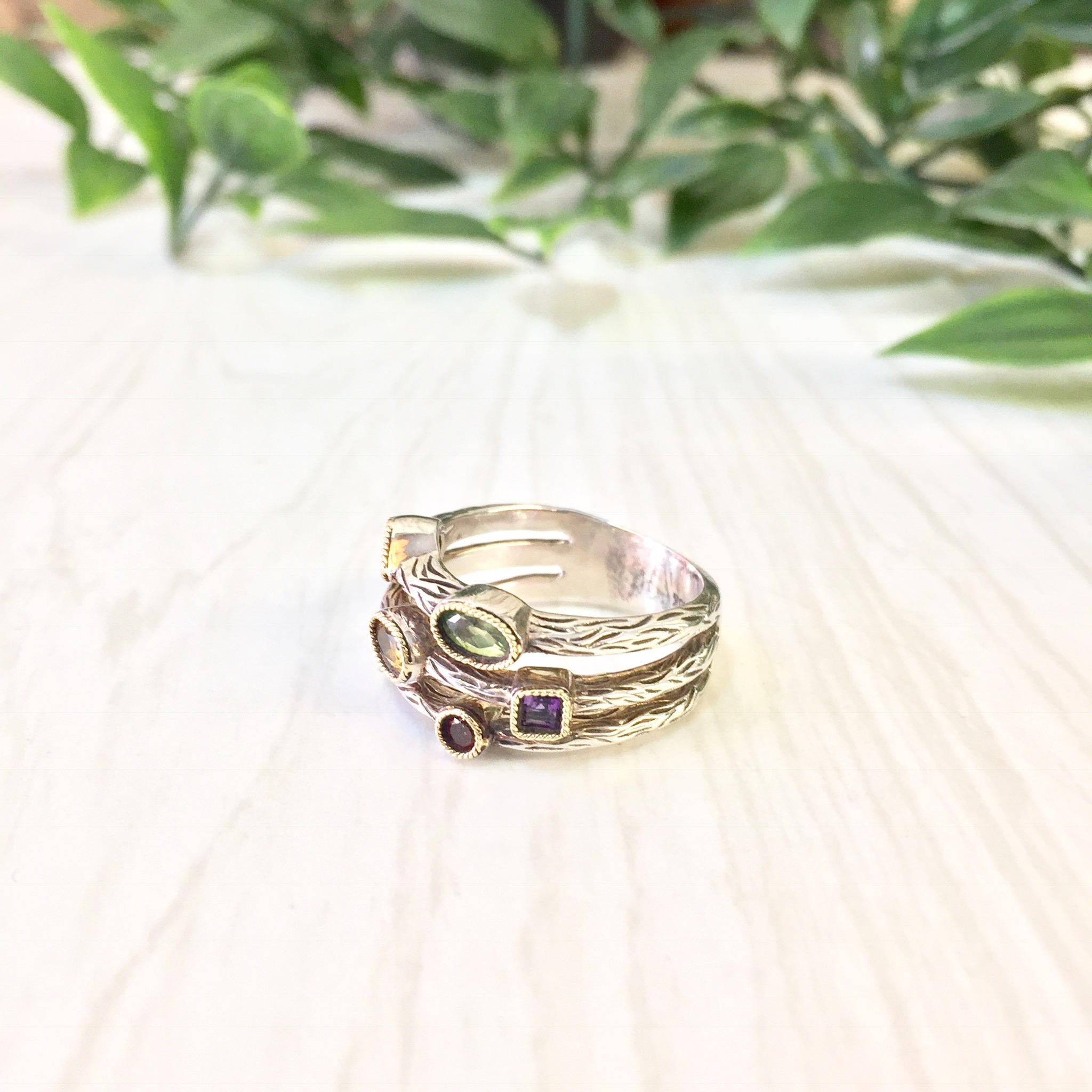 Vintage Silver Ring | Vintage Jewlery | Three Band Ring | 18 K Gold | 18K | Ruby | Amethyst | Citrine | Blue Topaz | Valentines Day | Ring