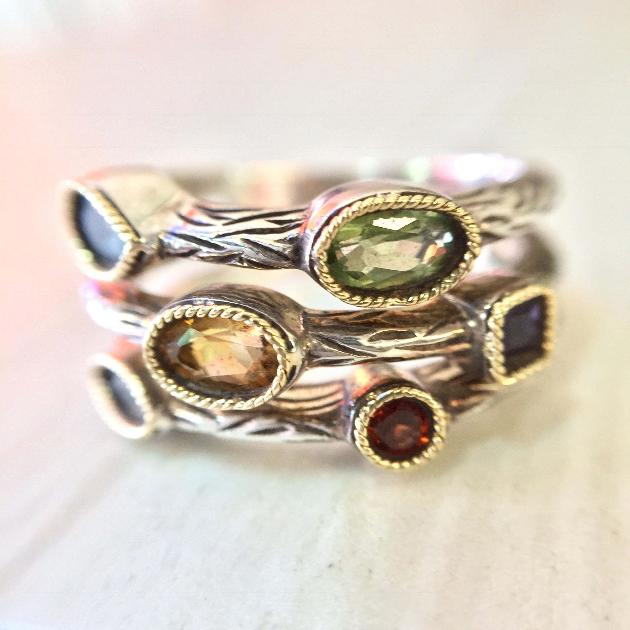 Vintage Silver Ring | Vintage Jewlery | Three Band Ring | 18 K Gold | 18K | Ruby | Amethyst | Citrine | Blue Topaz | Valentines Day | Ring