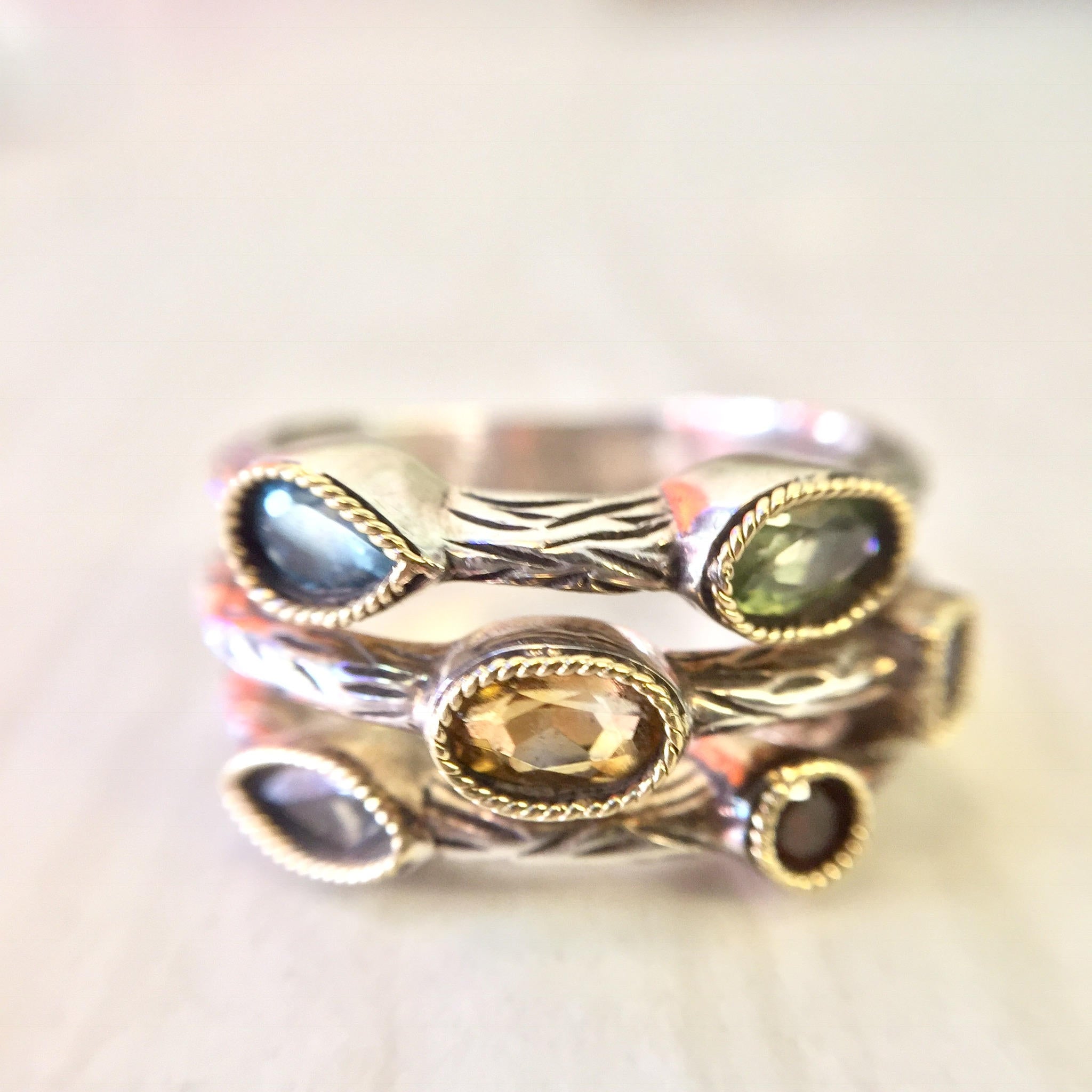 Vintage Silver Ring | Vintage Jewlery | Three Band Ring | 18 K Gold | 18K | Ruby | Amethyst | Citrine | Blue Topaz | Valentines Day | Ring